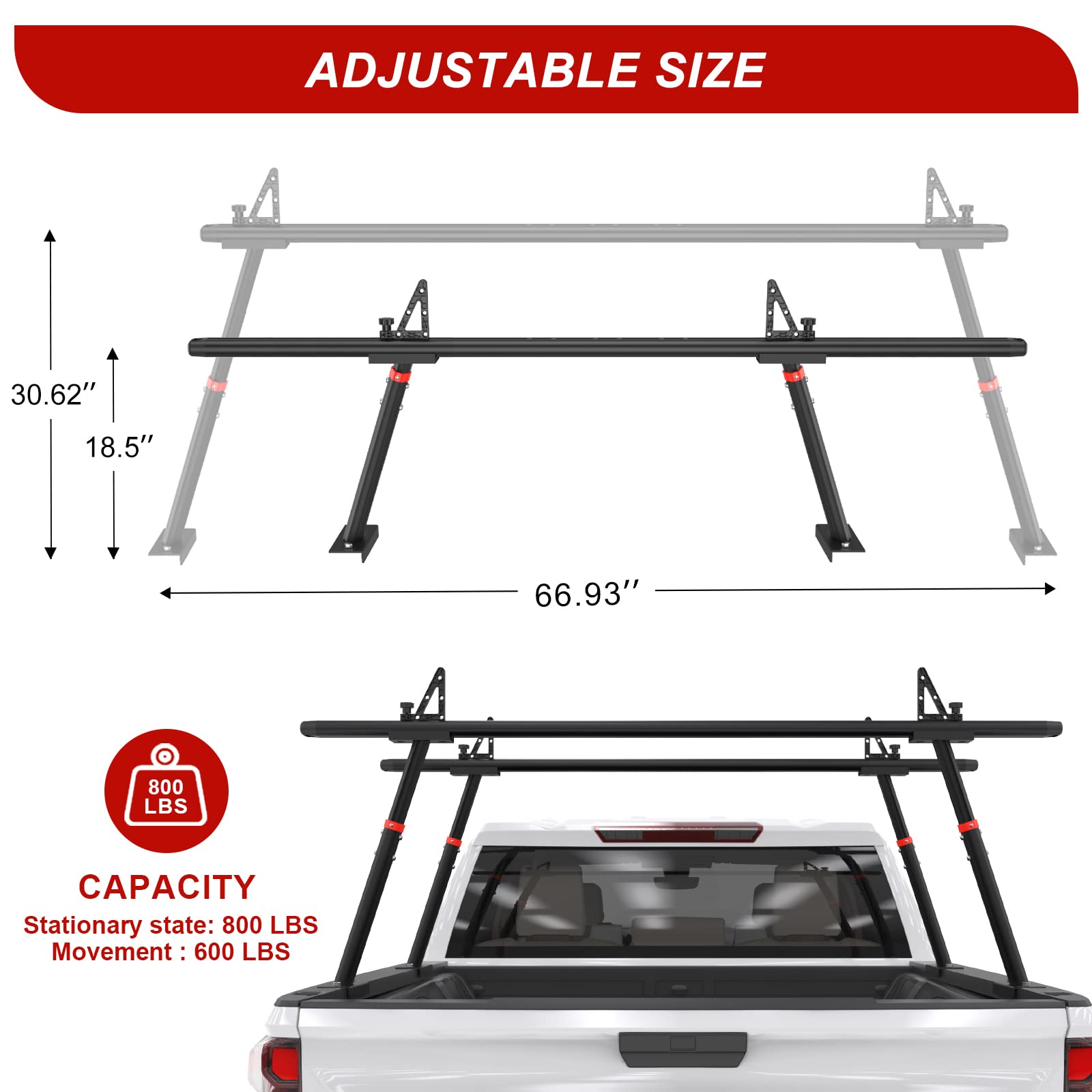 Heavy Duty Aluminum Truck Ladder Rack - Adjustable Universal Pickup Truck Bed Ladder Rack with 800 lbs Capacity (Black) | Perfect for Construction, Roofing & DIY Projects
