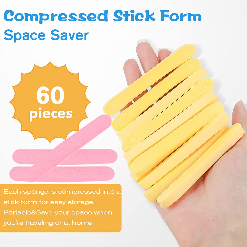 60 Pcs Compressed Facial Sponges - Professional Makeup Remover & Exfoliating PVA Sponge Pads for Women (Yellow & Pink) | Gentle Face Cleansing, Spa & Skincare Routine