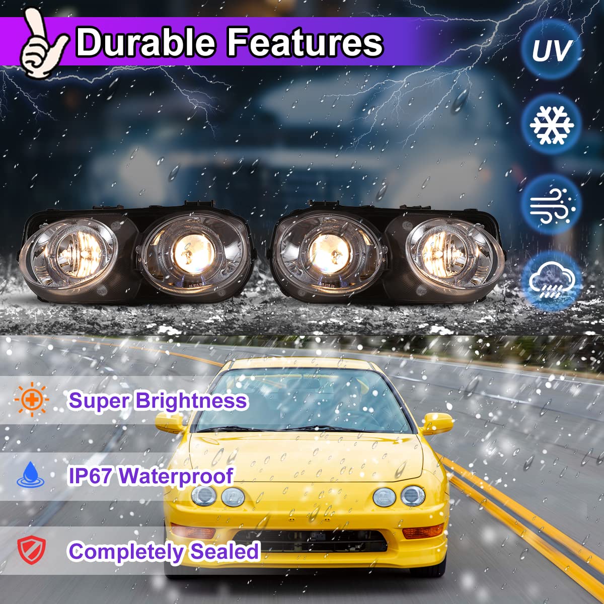Nixon Offroad LED Headlights for Acura Integra 1998-2001 - High/Low Beam Projector Headlight Assembly with DRL & Turn Signal - Chrome Housing Clear Lens (1 Pair) - Perfect for Night Driving & Off-Road Adventures