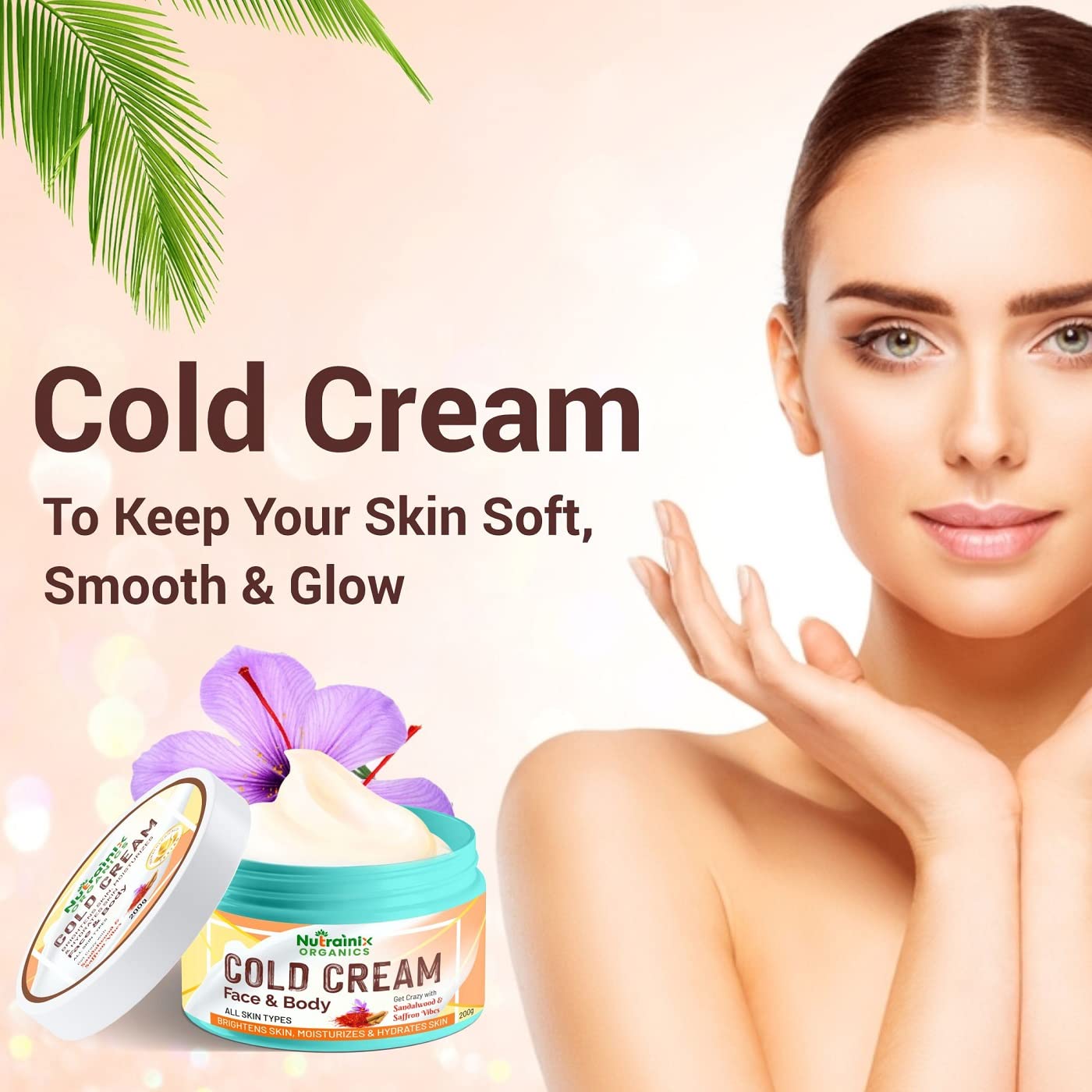 Nutrainix Organics Cold Cream with Sandalwood & Saffron | Brightening & Hydrating Face & Body Cream for All Skin Types | 200gm | Perfect for Dry Skin Care & Nighttime Moisturizing Routine