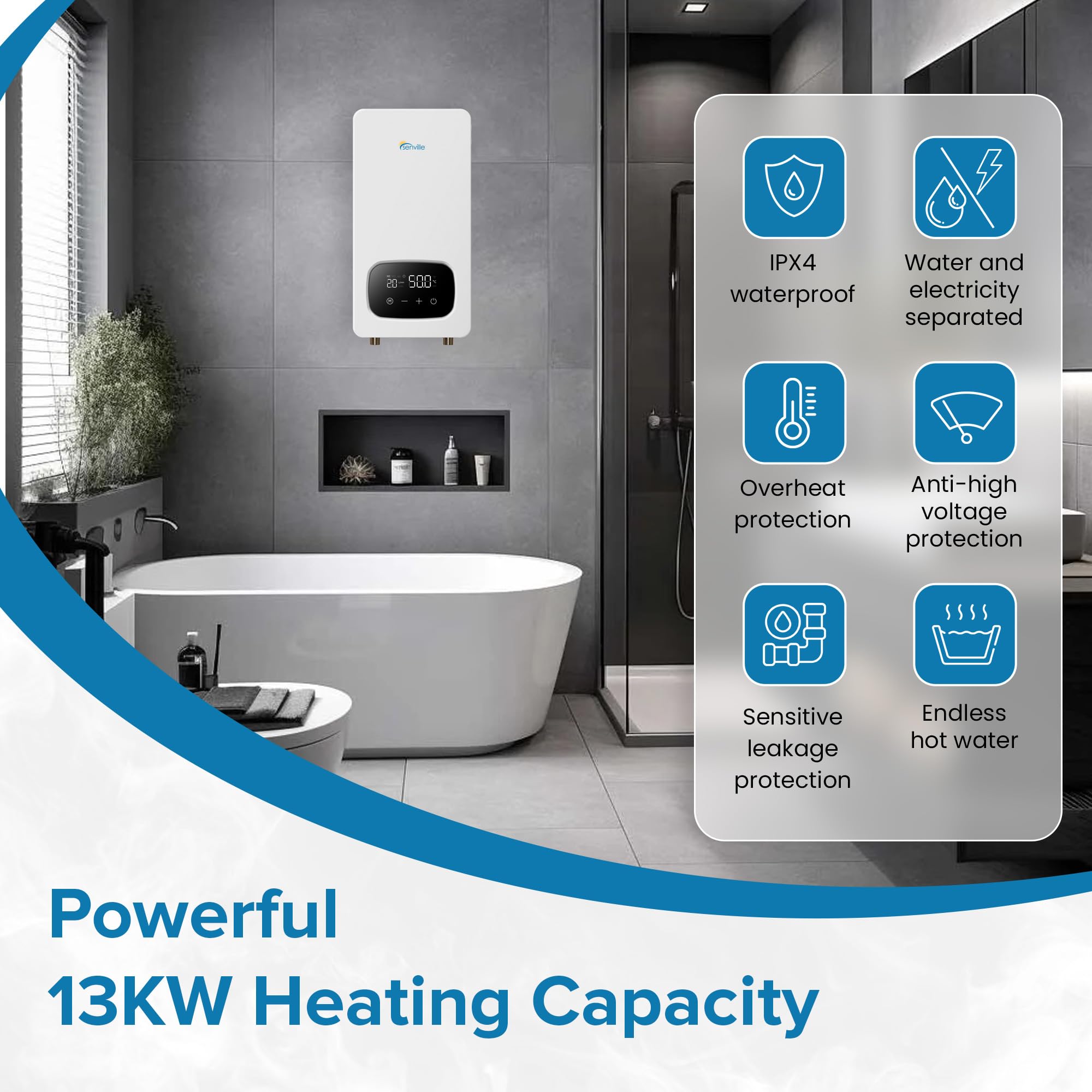 Senville 18KW 240V Electric Tankless Water Heater - Instant Hot Water for Homes, Apartments & Small Businesses | Energy Efficient On-Demand Heating Solution for Showers, Sinks & Appliances