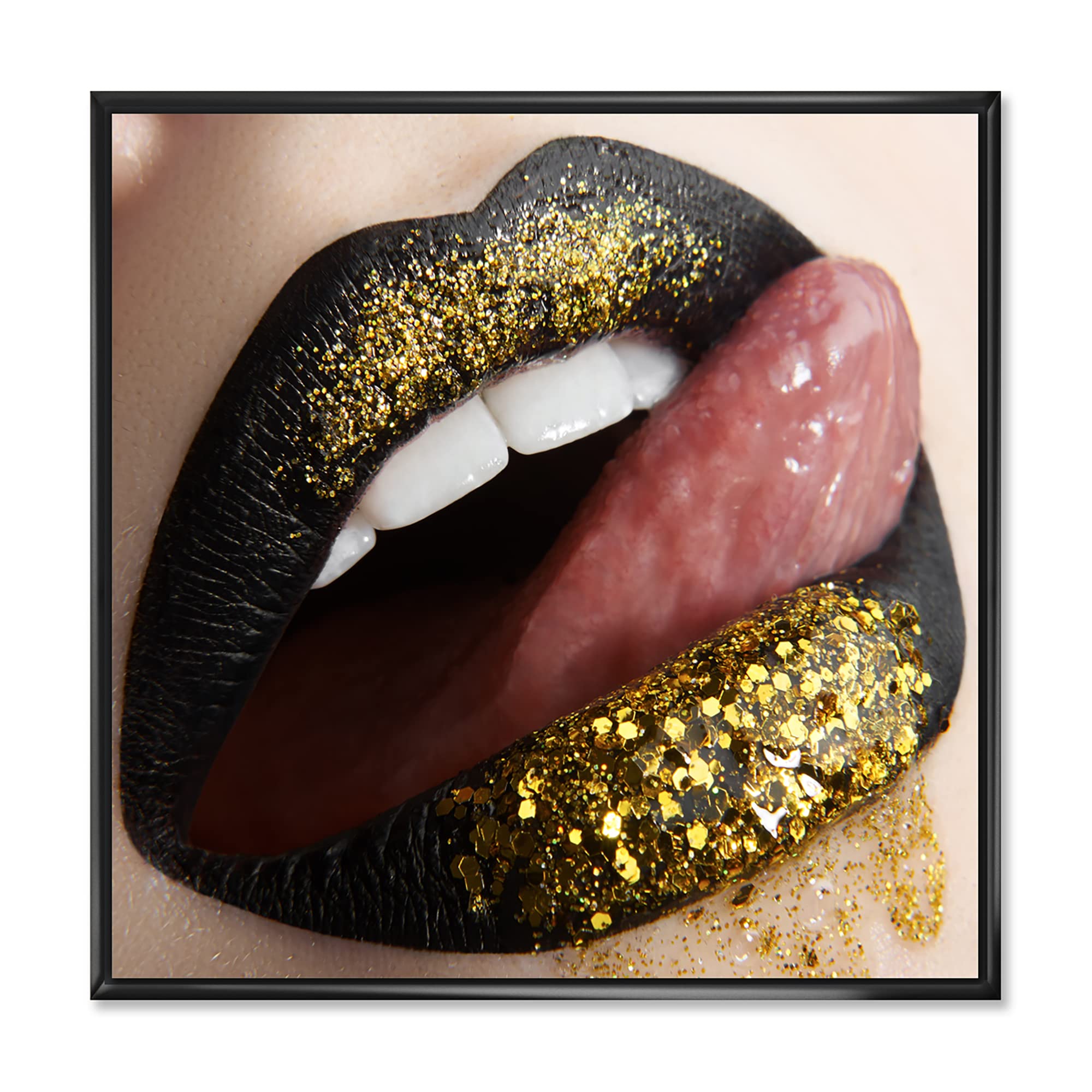 DesignQ Black Lipstick & Gold Sequins Framed Canvas Wall Art - Modern Home Decor for Living Room, Bedroom, or Office