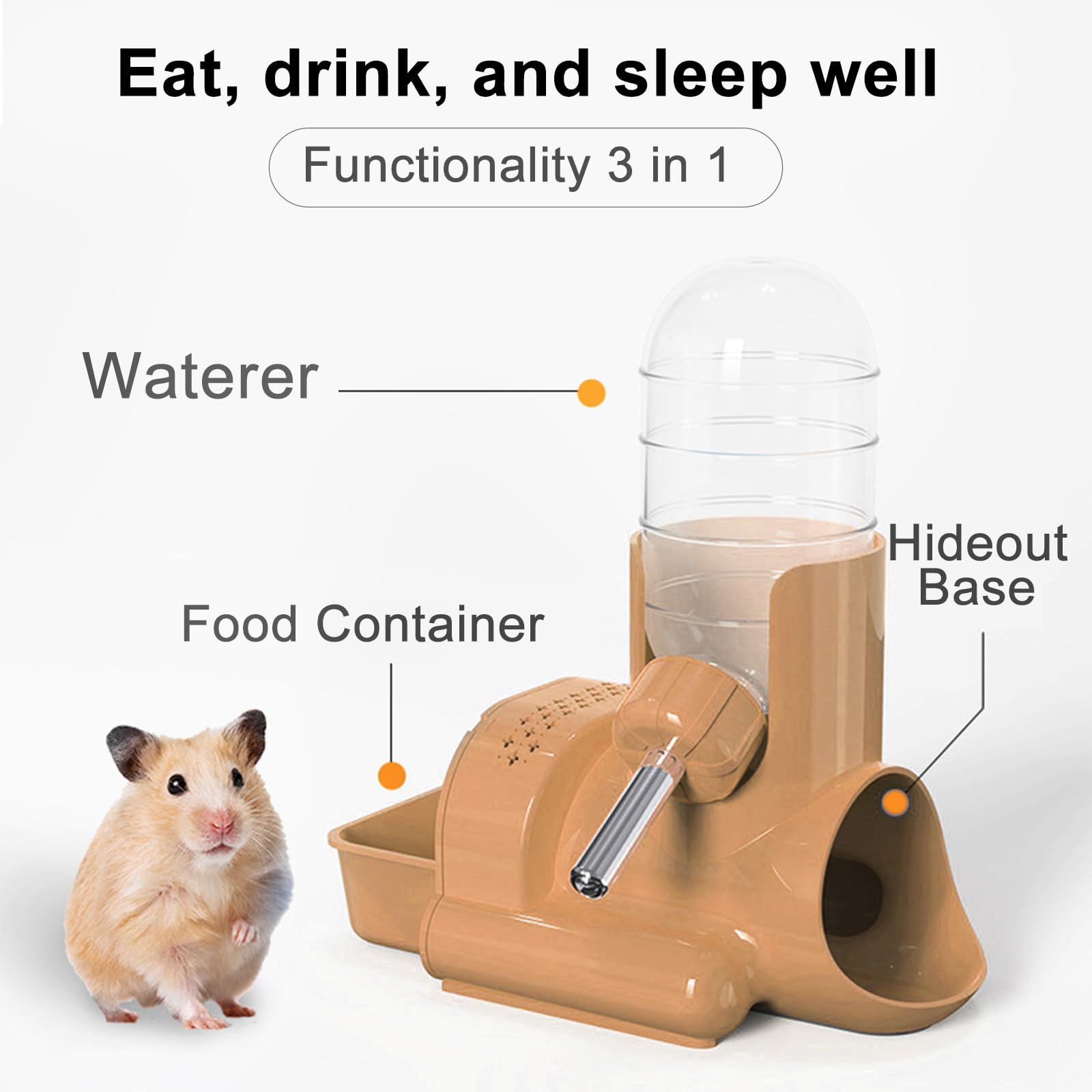 **3-in-1 Hamster Water Bottle with Food Container & Base Hut – Automatic Dispenser for Dwarf Hamsters, Mice, Rats, Hedgehogs & Small Pets (Orange, 120ml) – Perfect for Cages & Habitats**