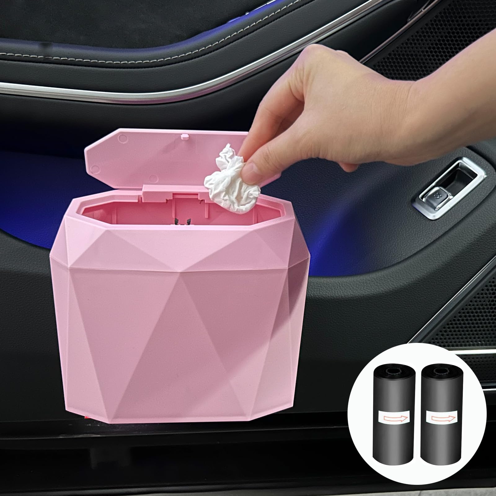 LSYOMNE 13 Gallon Trash Can with Lid - Pink, Includes 60pcs Leakproof Trash Bags & Organizer | Odor Control Kitchen Garbage Bin for Home, Office, Bathroom & Car | Space Saving Design with Secure Lid