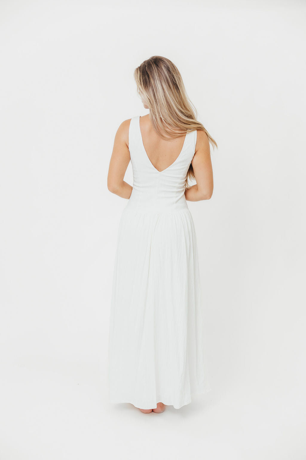 Sondra Stretch Maxi Dress with Button Detail & Dropped Waist - Off White Women's Summer Dress for Beach, Wedding & Casual Wear