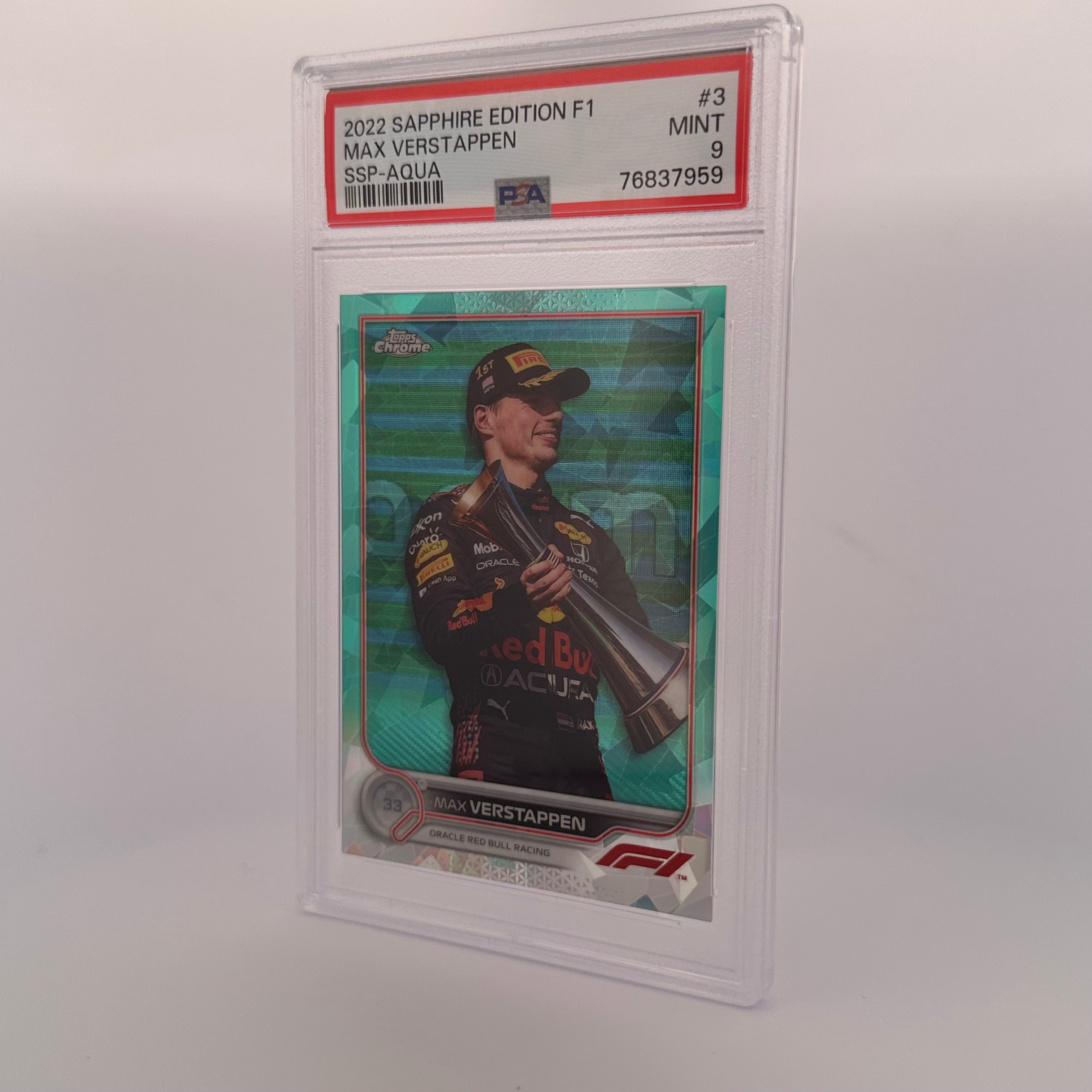 PSA 9 Graded 38/99 Max Verstappen #3 Sapphire Edition SSP Aqua - Rare F1 Trading Card for Collectors & Racing Fans - Perfect for Display, Investment & Memorabilia Collections