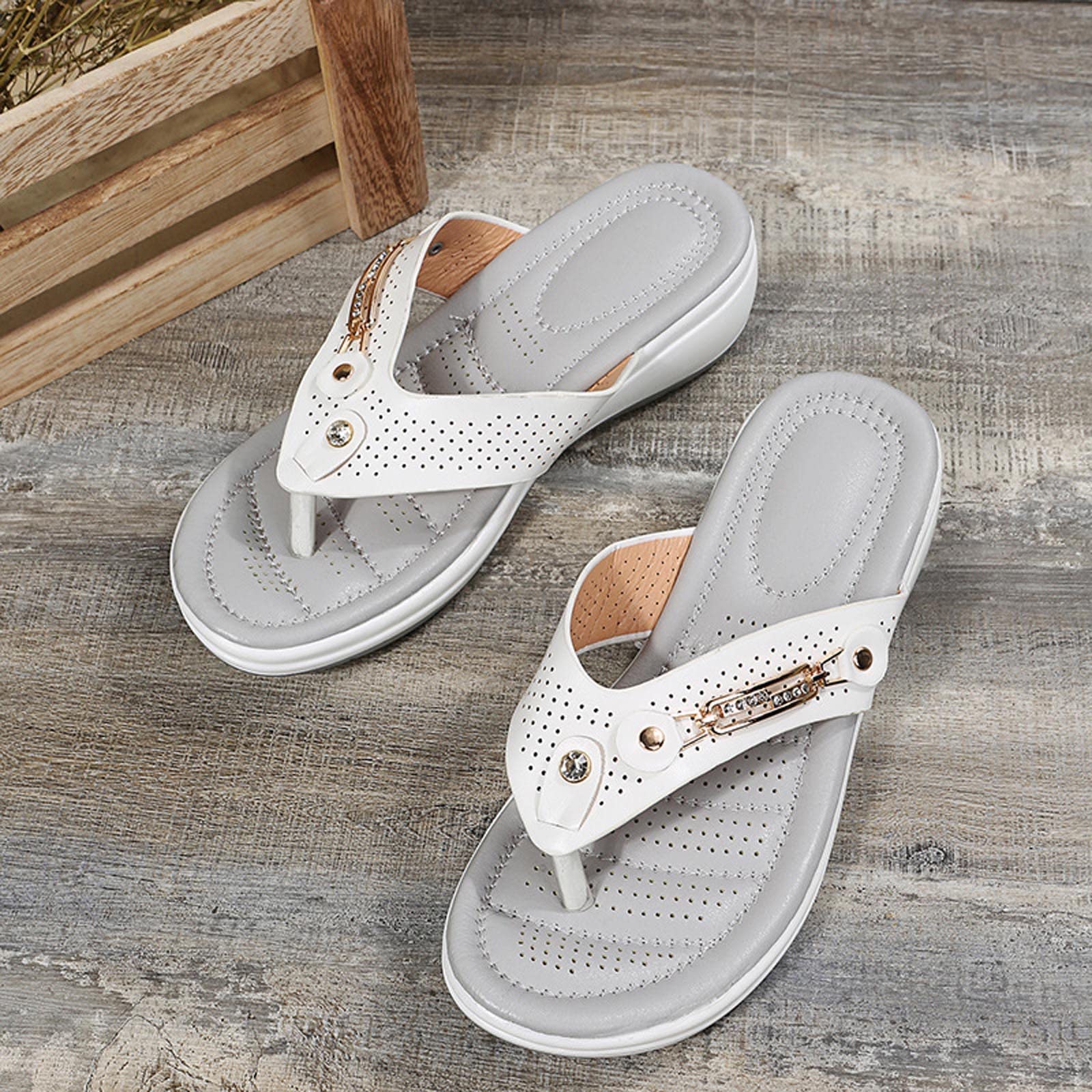 Oiangi Women's Wedge Flip Flop Sandals - Summer Casual Thong Straps with Metal Decoration | Lightweight & Comfortable Slip-On Slides | Perfect for Beach, Pool, Vacation & Everyday Wear