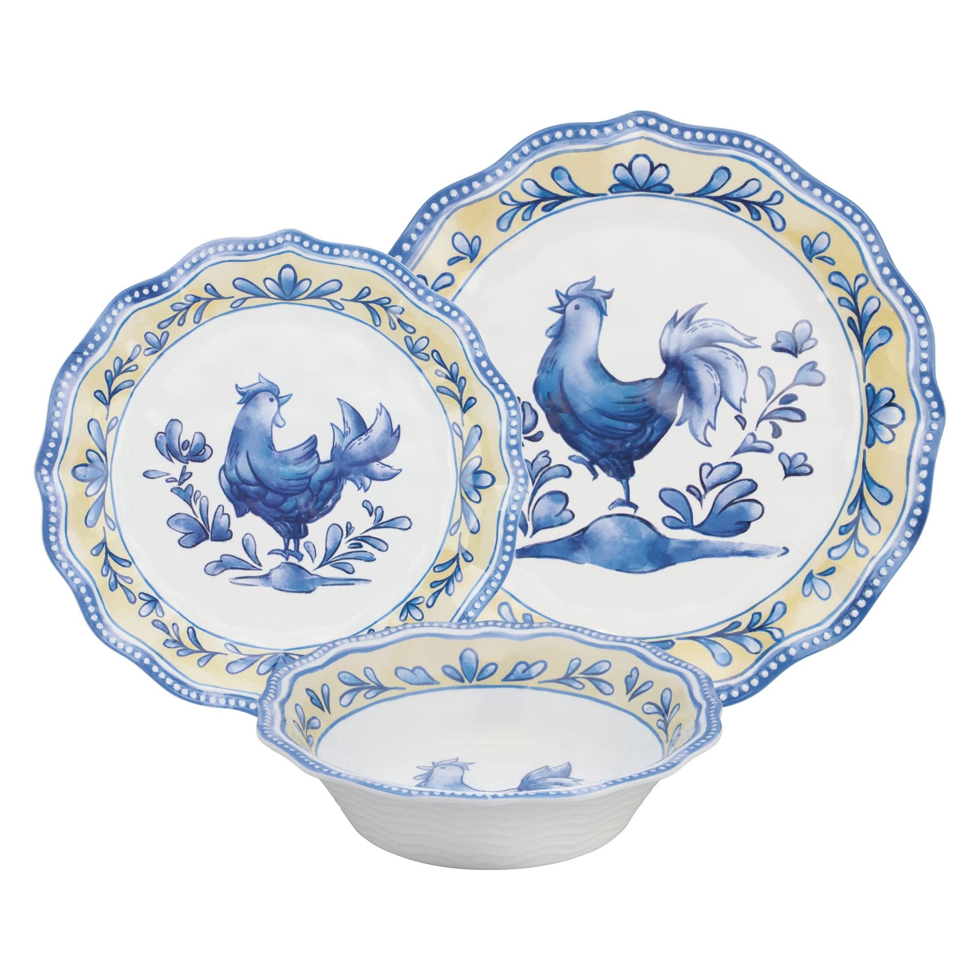 UPware 12-Piece Blue Rooster Melamine Dinnerware Set - Durable Outdoor Dishes, Plates & Bowls for 4 - Shatterproof & Lightweight for Picnics, Camping, and Patio Dining