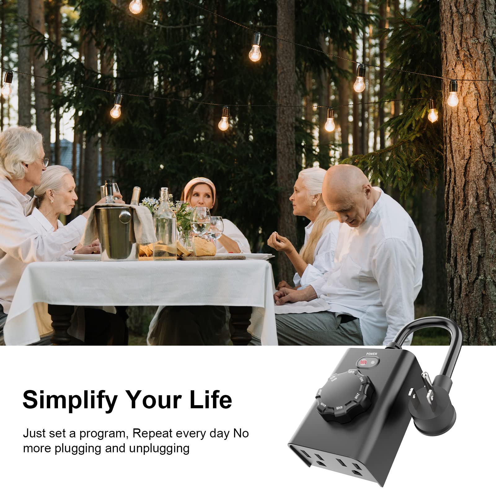 Outdoor Timer Outlet with Dusk to Dawn Sensor - Waterproof Dual Grounded Outlets for Holiday Lights & String Lights - ETL & FCC Certified - Perfect for Christmas Decor, Patio Lights & Garden Lighting