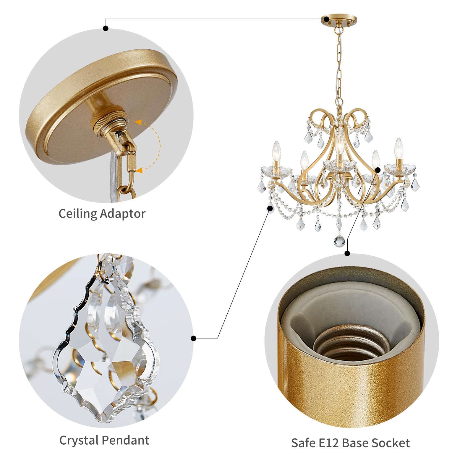 WUZUPS Modern 5-Light Crystal Chandelier Flush Mount Ceiling Light Fixture - Gold Finish, E12 Base, 20.9