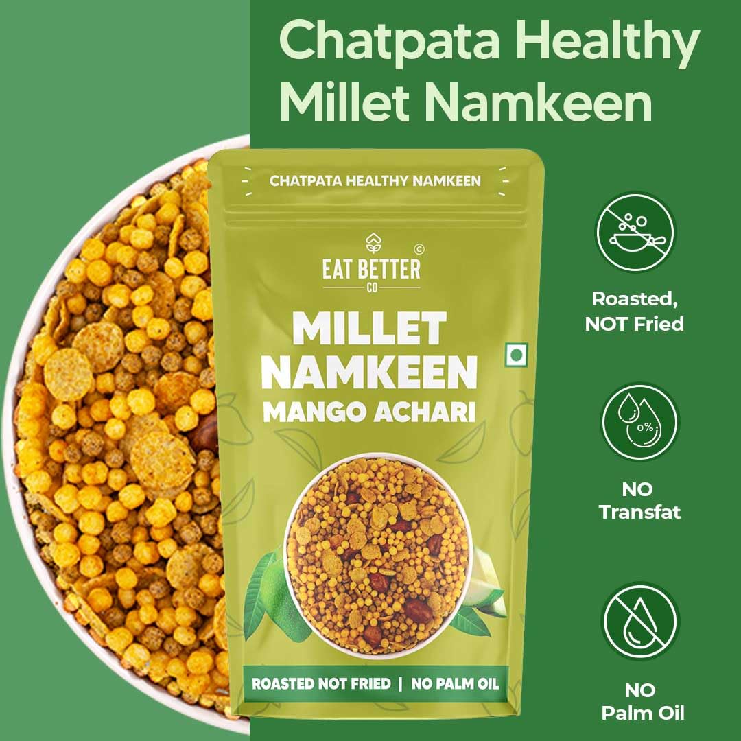 Eat Better Co – Millet Namkeen – Mango Achari – Spicy & Healthy Indian Snacks – Roasted, Not Fried | No Palm Oil | Gluten-Free Alternative to Chips & Bhujia – 2 Pack (200g) – Perfect for Office Snacks, Travel & Healthy Munching