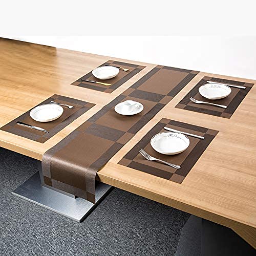 RoyalKart Coffee Brown PVC Vinyl Placemats Set with Table Runner - 6 Mats + 1 Runner - Stain & Heat Resistant, Reversible, Easy to Clean - Perfect for Dining Table, Kitchen, Restaurant & Home Decor