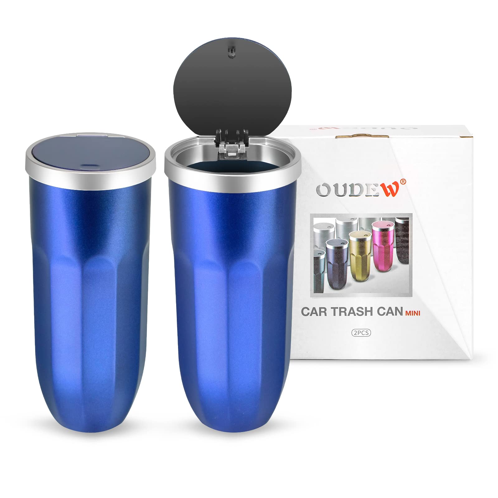 2 Pack Car Trash Can with Push Button Lid - Leakproof Vehicle Garbage Bin for Car, Home & Office - Compact Auto Dustbin with Cylindrical Design - Perfect for Road Trips, Commuting & Daily Use (Blue)