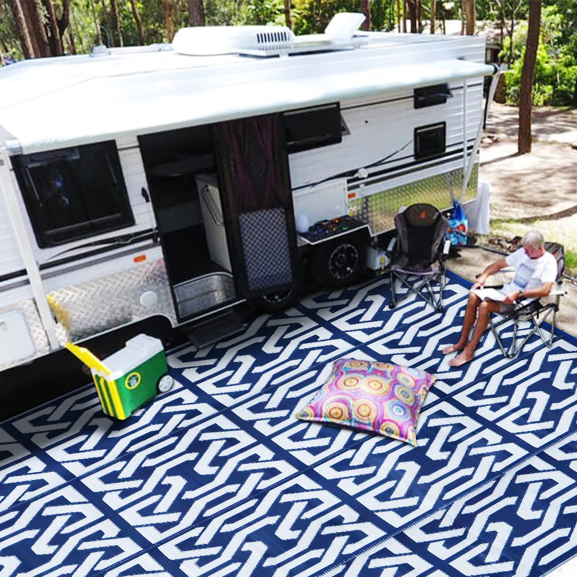 **SAND MINE Reversible Plastic Straw Rug – 9' x 12' Modern Outdoor Area Rug for Patio, Deck, RV, Backyard, Beach & Camping – Durable Dark Blue & White Floor Mat – Perfect for Picnics, Trailers & Relaxing Outdoors**