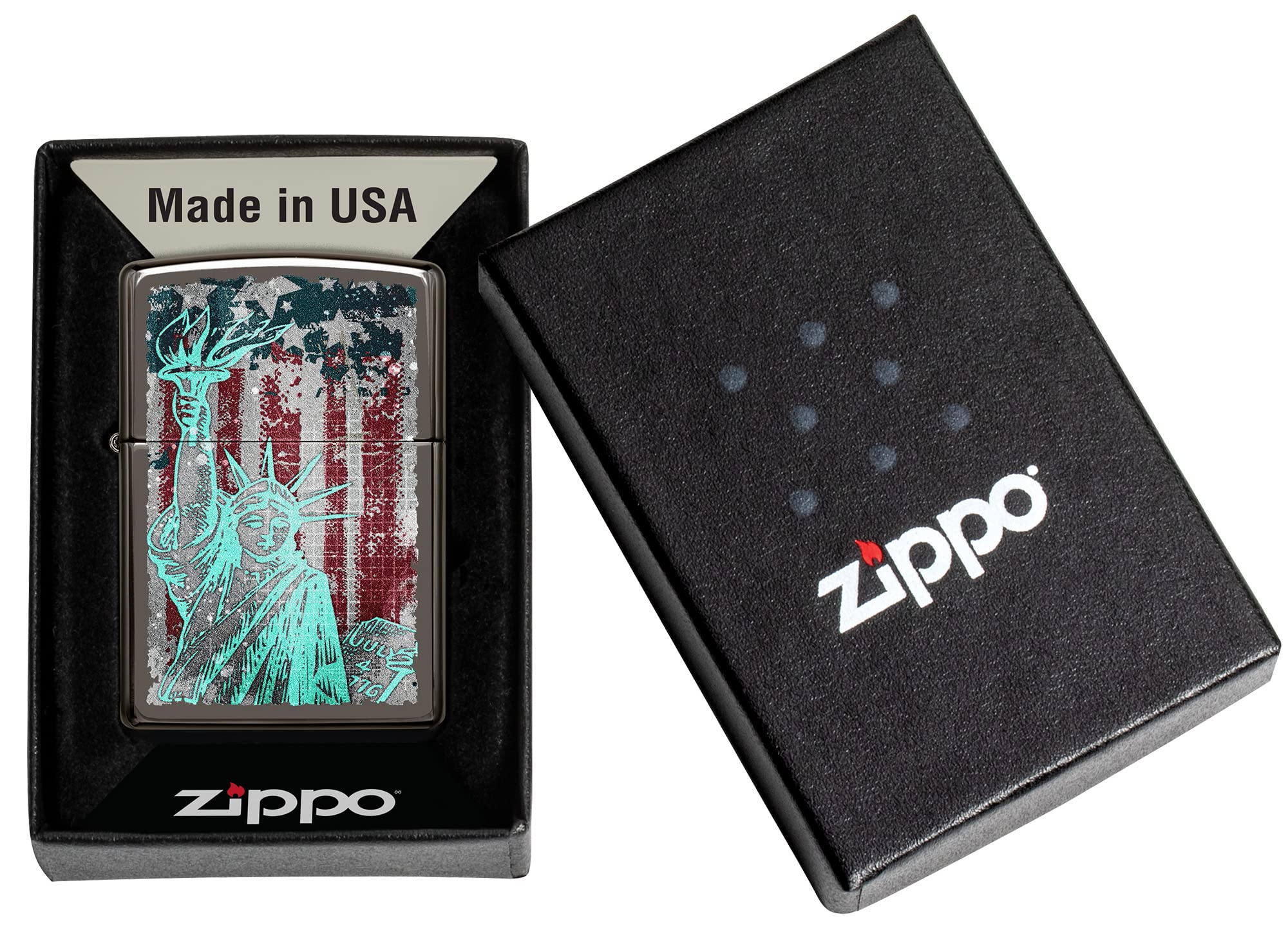 Zippo Statue of Liberty Black Ice Windproof Lighter - Patriotic Collectible Pocket Lighter for Outdoor Camping, Hiking & Everyday Carry (USA Flag Design)