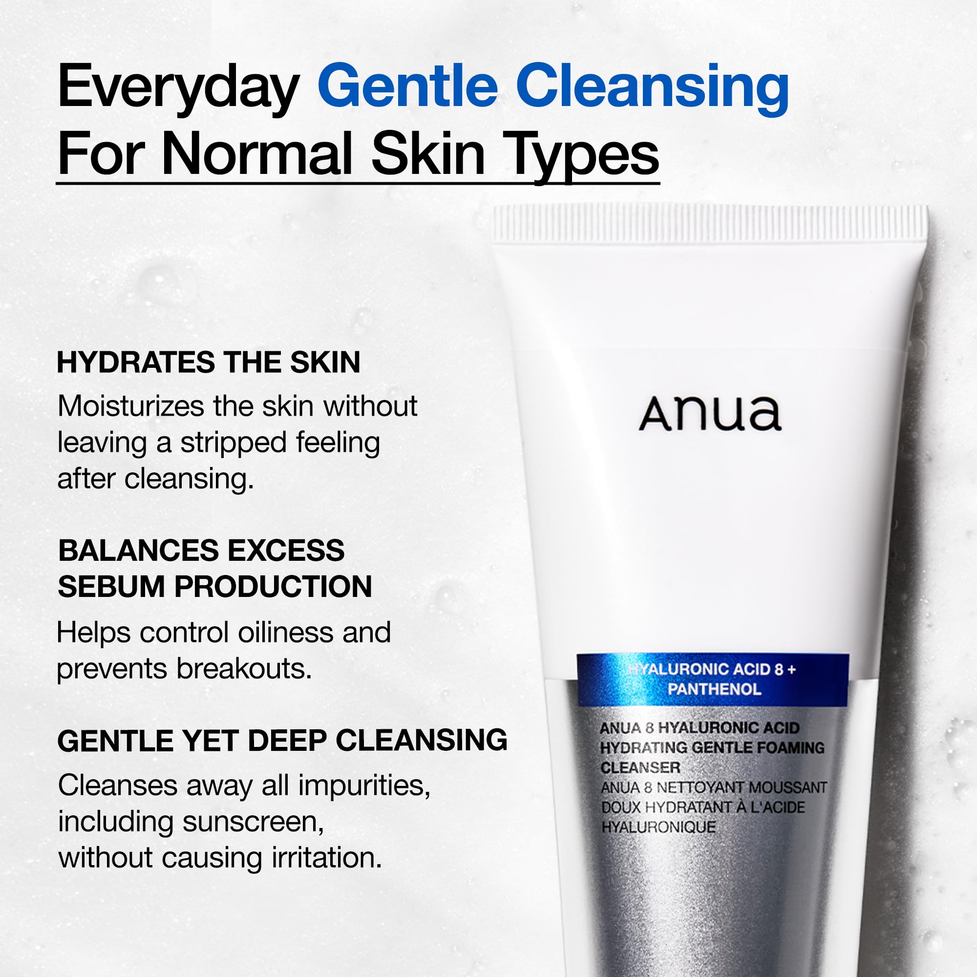 ANUA Hydrating Gentle Foaming Cleanser with Hyaluronic Acid & Glycerin - Korean Face Wash for Dry & Sensitive Skin - Zinc & Panthenol Enriched Formula for Double Cleansing Routine - 150ml/5.07fl oz - Perfect for Morning & Night Skincare Regimen