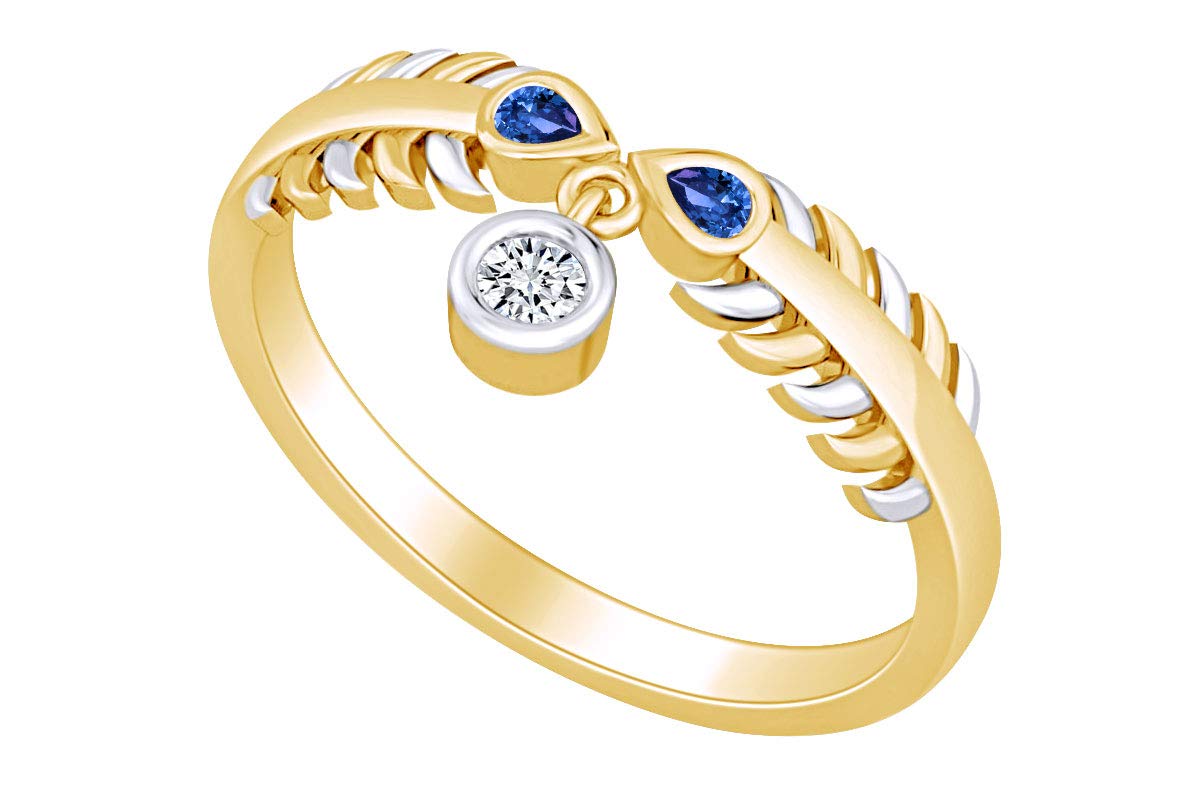 Exquisite Simulated Blue Sapphire & White Diamond Accent Feather Design Two-Tone Ring for Women – Perfect for Weddings, Anniversaries & Special Occasions
