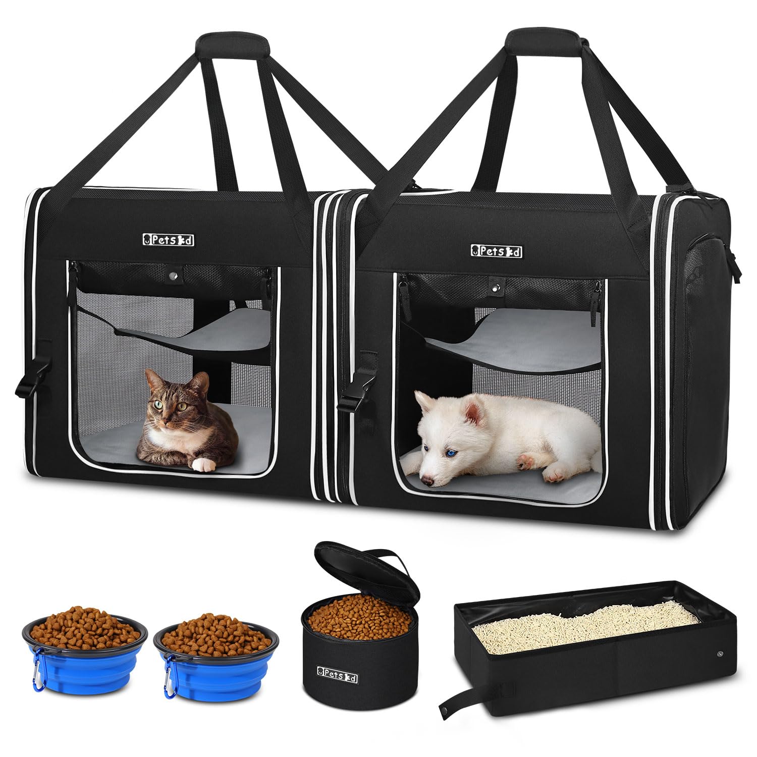 Petskd Portable Double Cat Carrier with Litter Box - 2-in-1 Large Travel Carrier for Multiple Cats (36x17x17in) with Safety Locking Zippers - Perfect for Long Distance Car Travel, Vet Visits & Airplane Trips