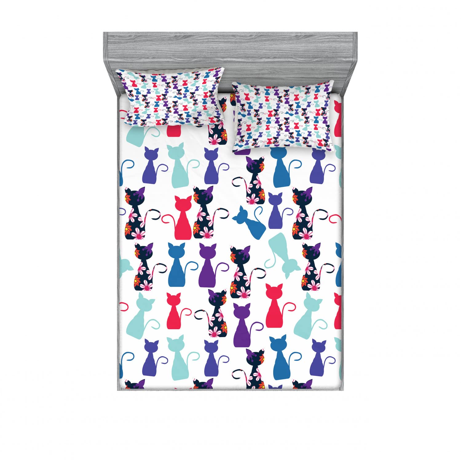 Ambesonne 2-Piece King Size Cat Floral Bedding Set - Includes 2 Fitted Sheets & 4 Pillow Shams, Vibrant Multicolor Cat & Flower Design - Perfect for Pet Lovers' Bedroom Decor, Guest Room Makeover or Cozy Cat-Themed Home Decor