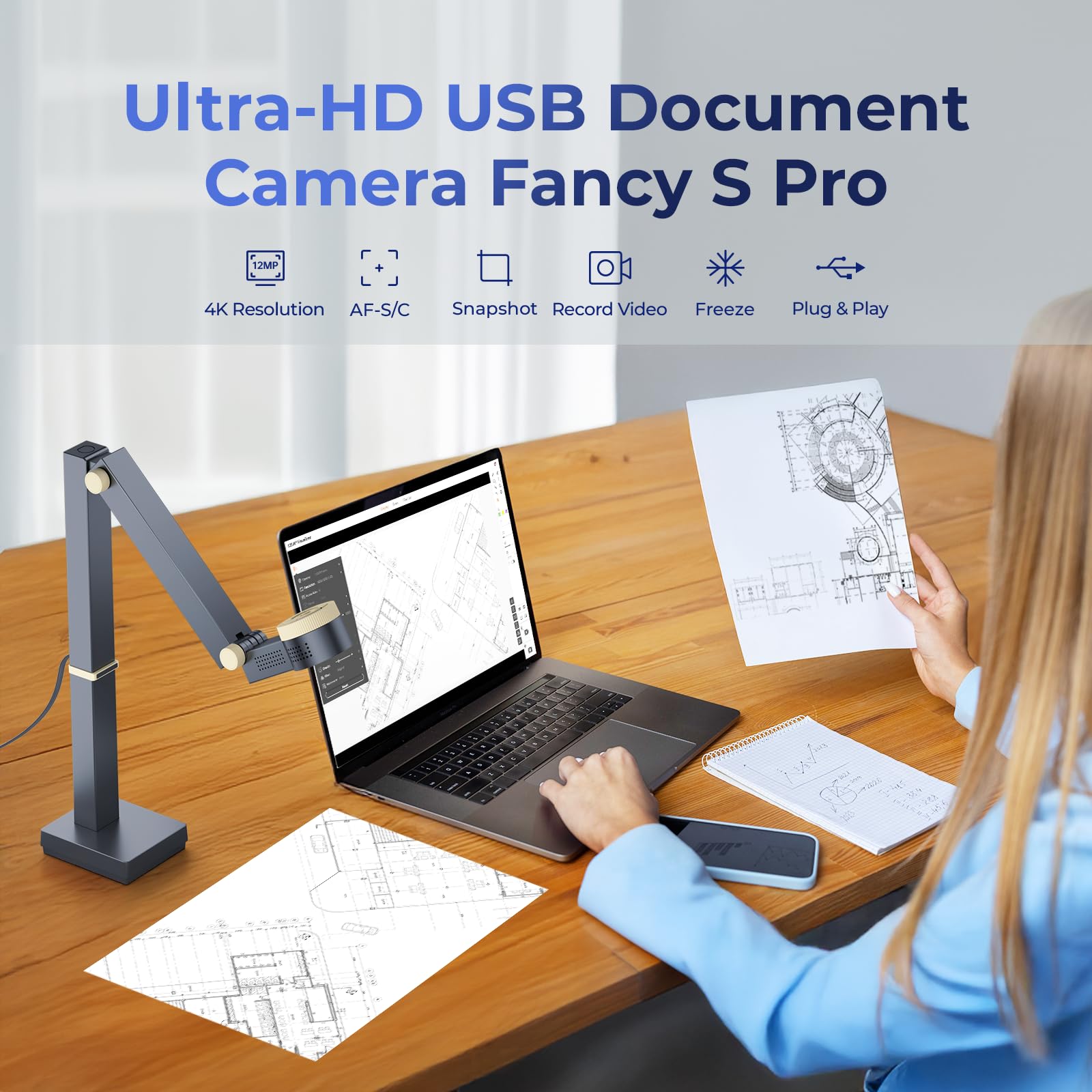 CZUR Fancy S Pro 12MP USB Document Camera with 4K Webcam, Microphone & LED Light - 60fps Auto Focus for Teachers | Remote Teaching, Online Classes, Live Streaming, Web Conferencing | Compatible with Mac & Windows | Perfect for Virtual Lessons, Video Calls & Professional Presentations
