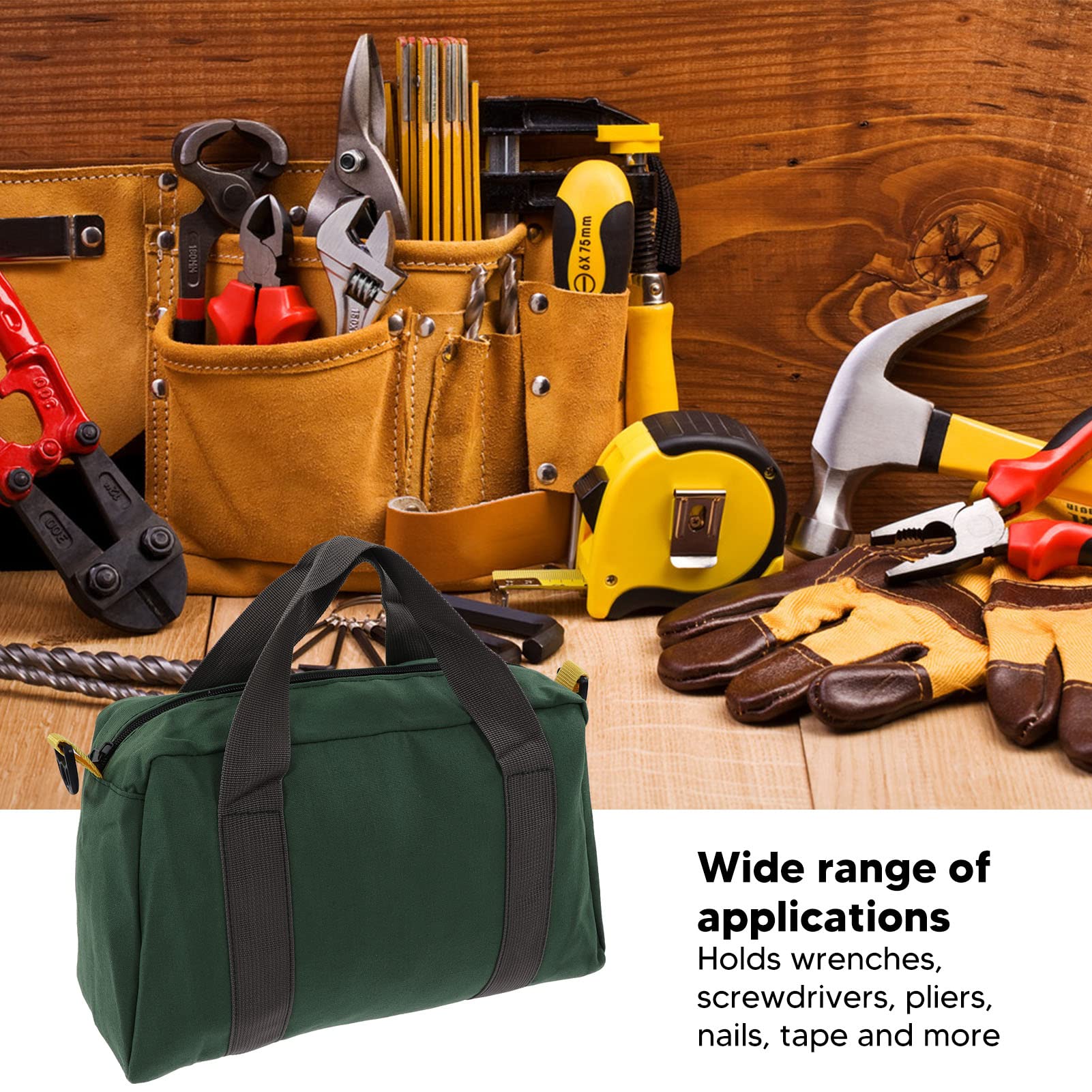 **12 Inch Wide Mouth Waterproof Canvas Tool Tote Bag – Portable Multifunctional High Capacity Tool Organizer for Vehicle Maintenance, Carpentry & Technicians – Durable Green Tool Storage Bag for Work, Travel & Outdoor Projects**