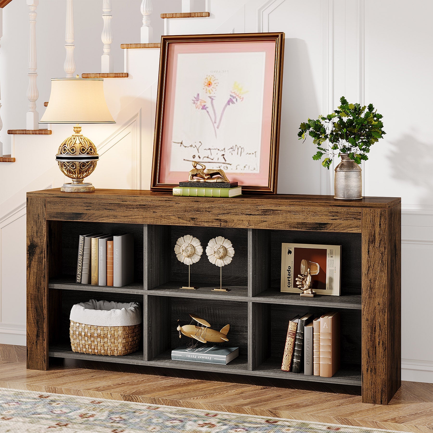 Rustic Wood Sofa Table with 6 Storage Cubes - Entryway Console Table for Living Room, Hallway & Home Decor