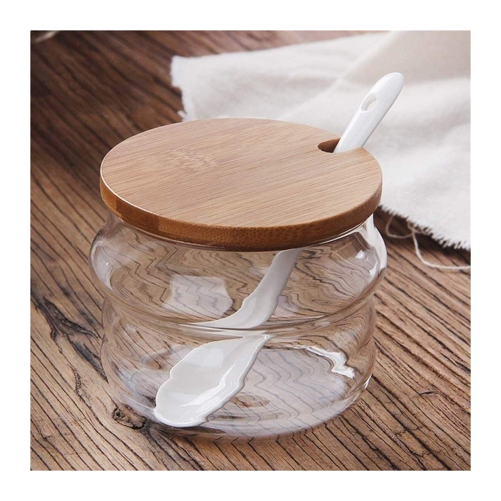 4-Piece Glass Condiment Jar Set with Spoons & Bamboo Lids - Airtight Spice Containers for Sugar, Salt, Coffee & Seasonings - Perfect for Kitchen Counter, Pantry & Dining Table Organization
