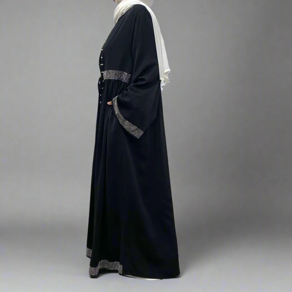 Hotfix Rhinestone Beaded Muslim Women's Cardigan Open Abaya Dress - Elegant Islamic Prayer Wear for Special Occasions & Daily Use