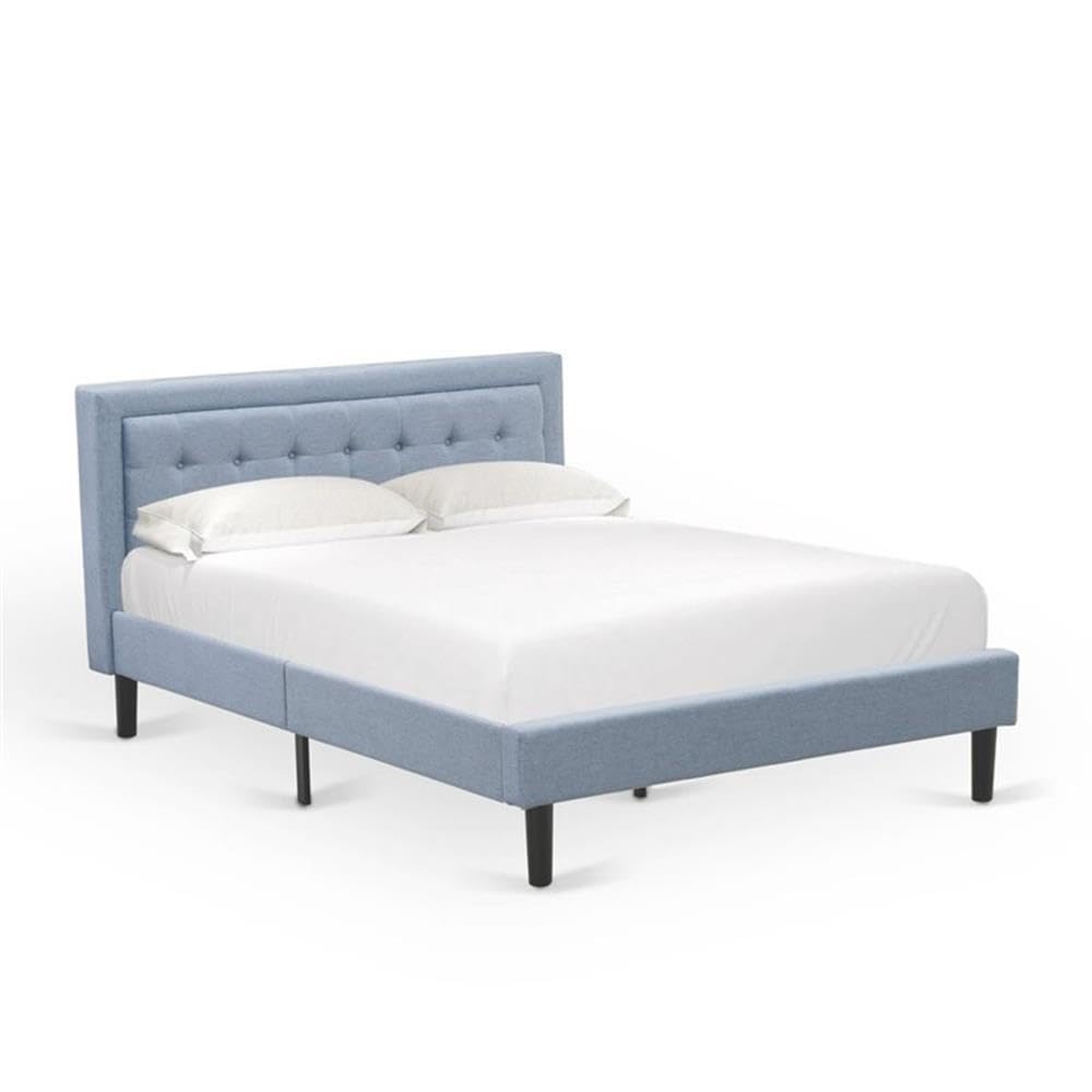 East West Furniture FN11Q-1DE15 2-Piece Queen Bedroom Set - Wood Bed Frame & Nightstand, Denim Blue Linen Fabric | Modern Bedroom Decor for Master Bedroom, Guest Room & Small Spaces