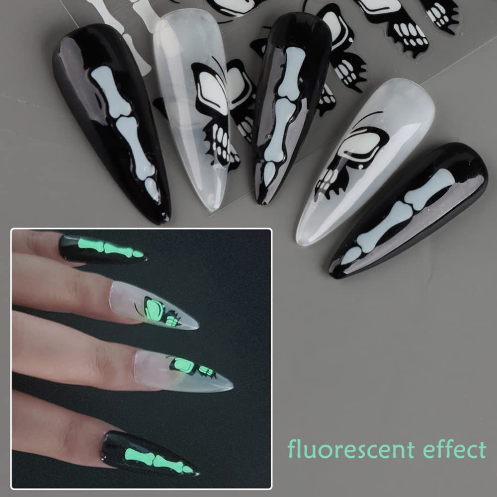 Glow in The Dark Halloween Nail Art Stickers - 3D Self-Adhesive Nail Decals for Halloween Party, Candlelight Events & Costume Makeup (6 Sheets) - Spooky Butterfly & Joint Designs for Nail Decorations