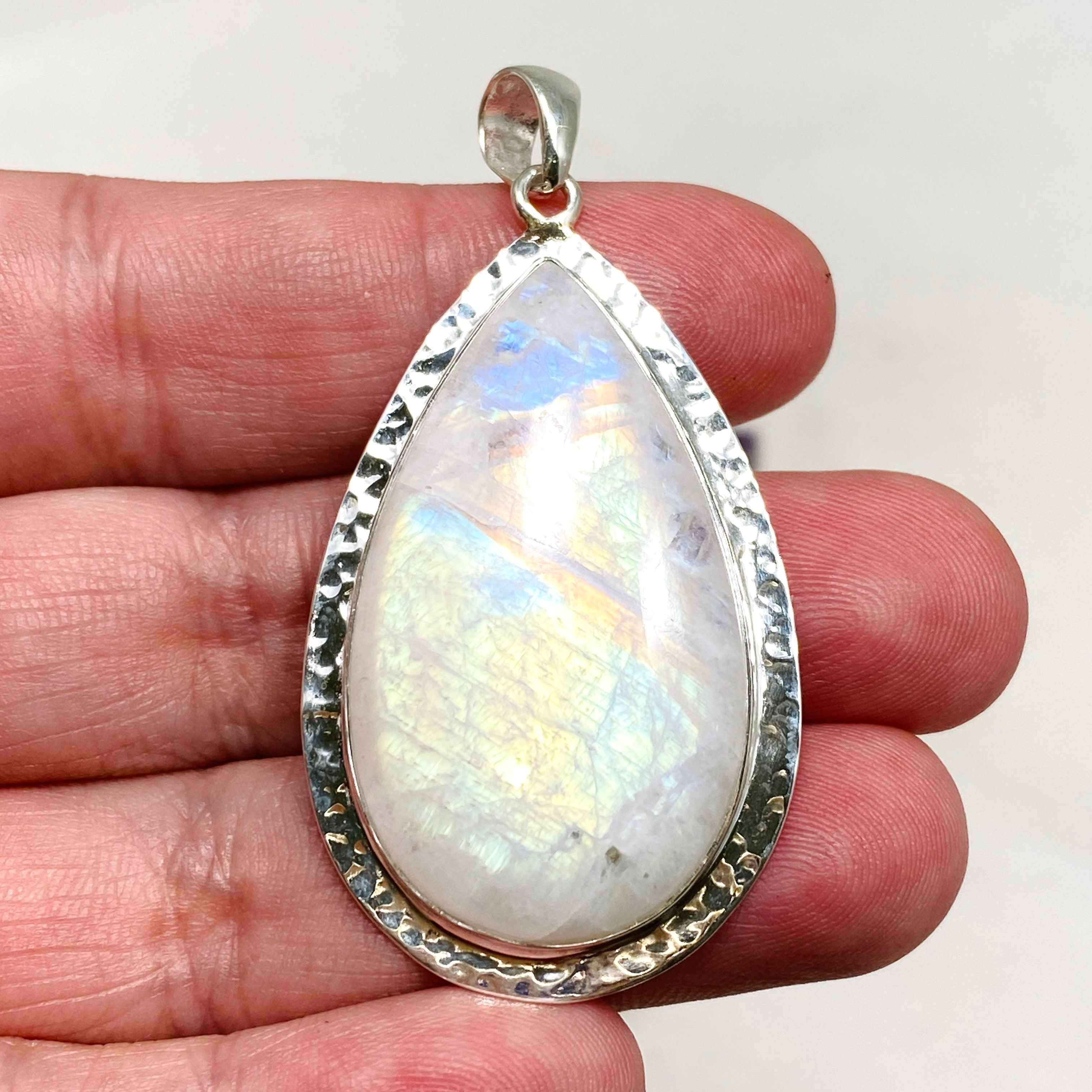 Moonstone Teardrop Pendant Necklace with Hammered Silver Detailing - Elegant Boho Jewelry for Women, Perfect for Weddings & Special Occasions | KPGJ4251
