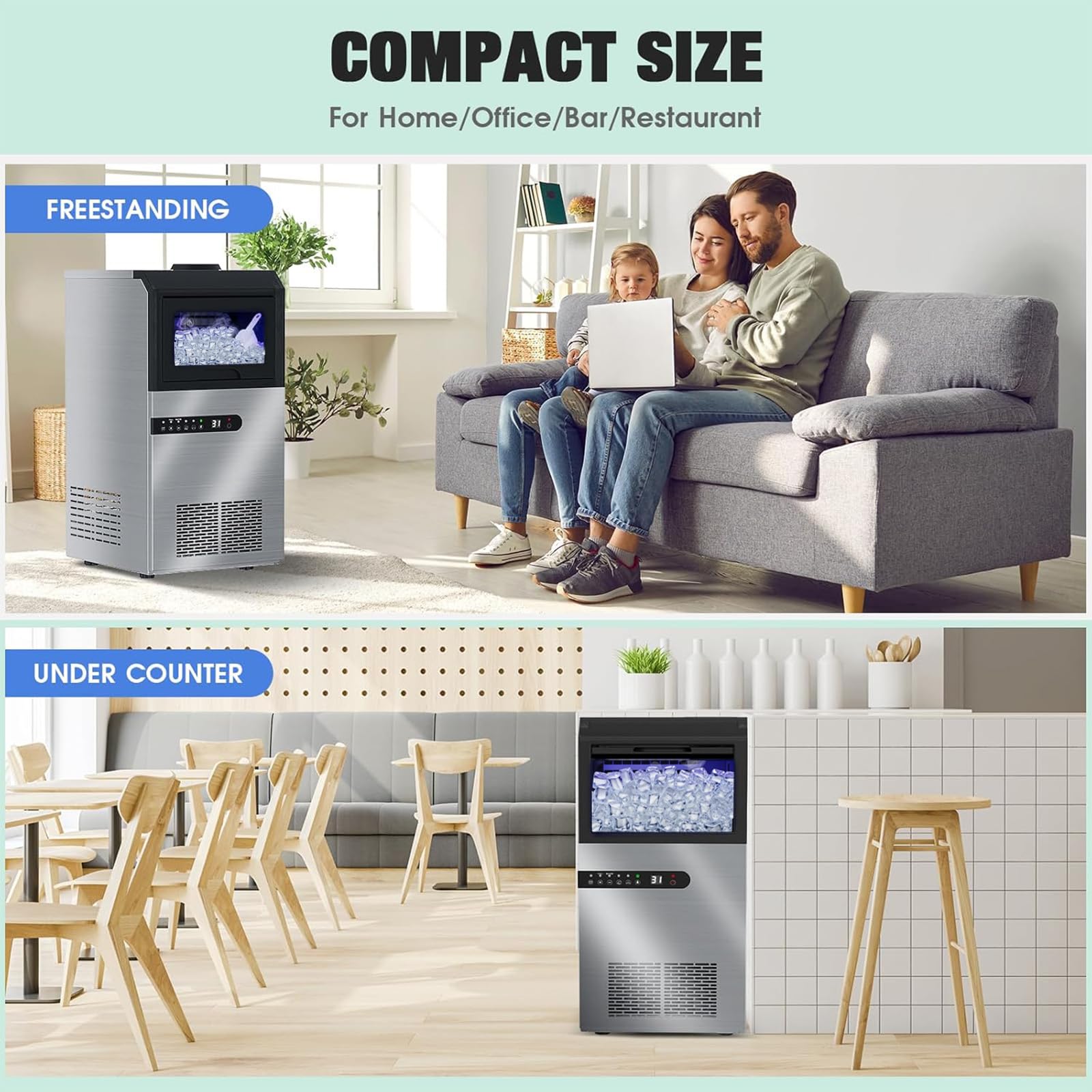 Commercial Ice Maker Machine 100Lbs/24H with 33Lbs Storage Bin - Fast 5-Minute 45Pcs Clear Ice Cubes - 2-Way Water Fill - Under Counter or Freestanding for Home, Bars, Restaurants & Offices (DB45)