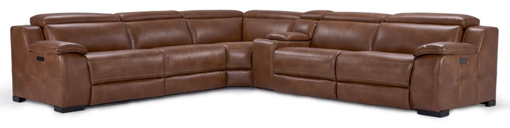 Corsica 6-Piece Dual Power Reclining Sectional Sofa Set with USB Chargers - Brown Leather Living Room Furniture for Home Theater & Family Gatherings