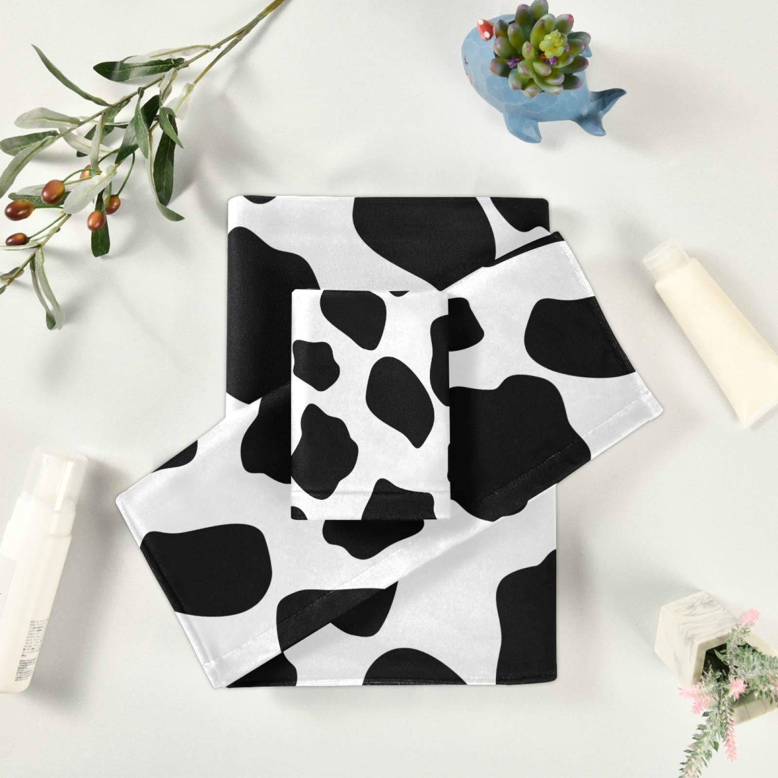 ALAZA Black and White Cow Print Bath Towel Set - 1 Bath Towel, 1 Hand Towel, 1 Washcloth | Ultra Soft Luxury Cotton Towels for Bathroom, Kitchen, Spa & Beach | Decorative Farmhouse Style Towel Set for Home & Travel