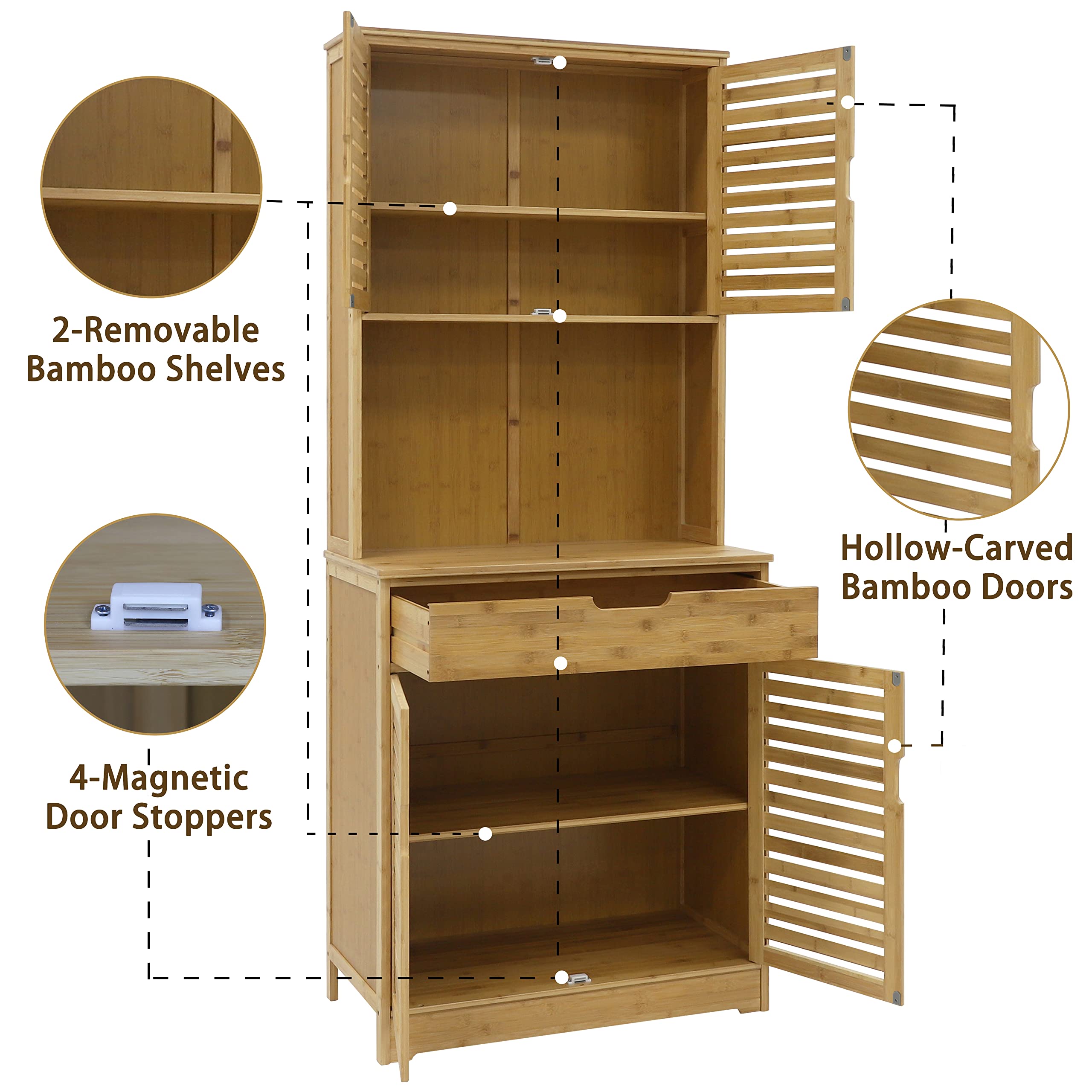 MUPATER 72 Inch Bamboo Kitchen Pantry Cabinet with Microwave Stand - Freestanding Storage Hutch with Shelves, Cupboard & Drawer for Home Organization - Perfect for Small Kitchens, Apartments & Dining Room Storage
