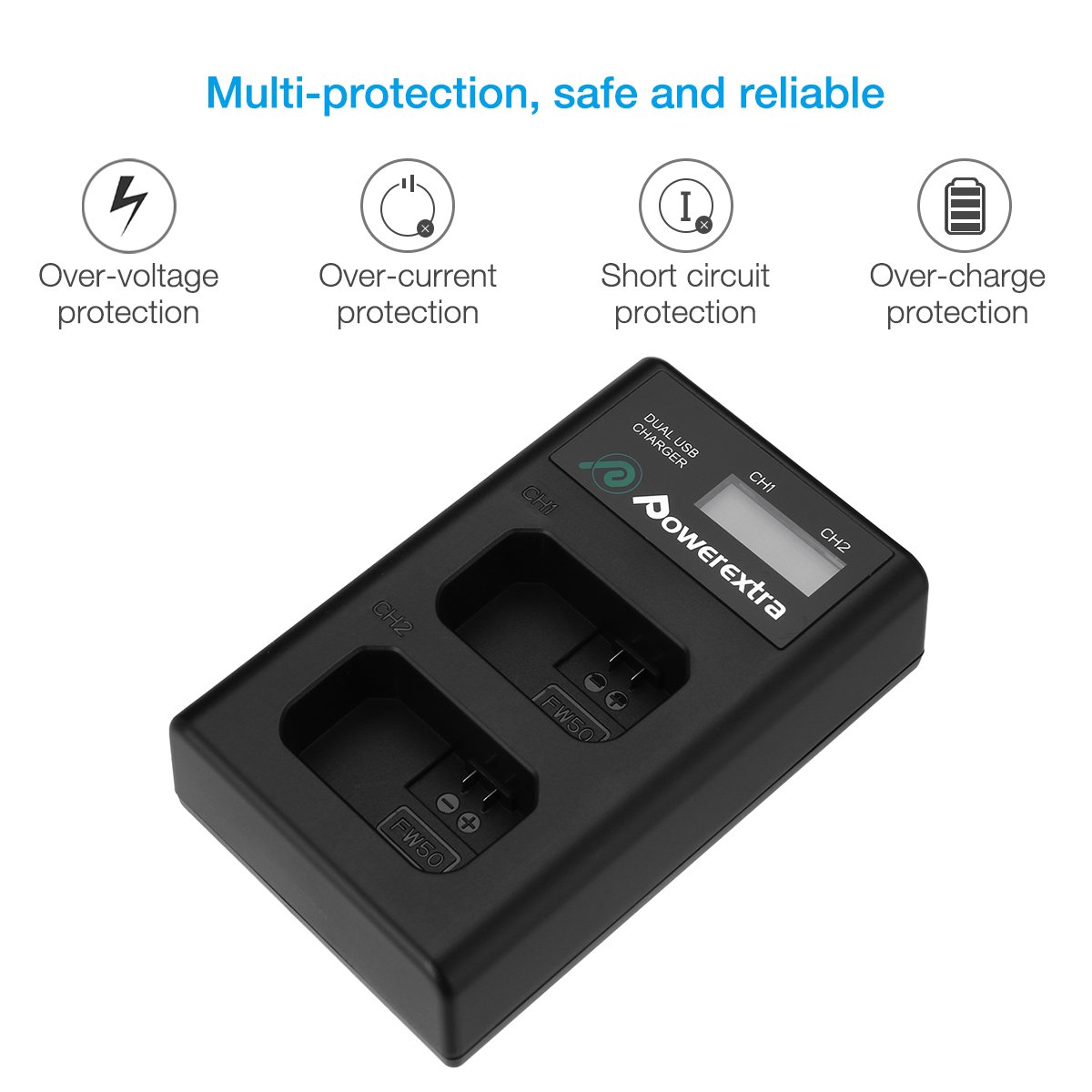 Powerextra 2-Pack NP-FW50 Replacement Batteries with Smart LCD Dual USB Charger for Sony Alpha a6500 a6300 a6000 a7 a7s a5100 a5000 a7r a7 II - Perfect for Travel Photography & Vlogging Accessories