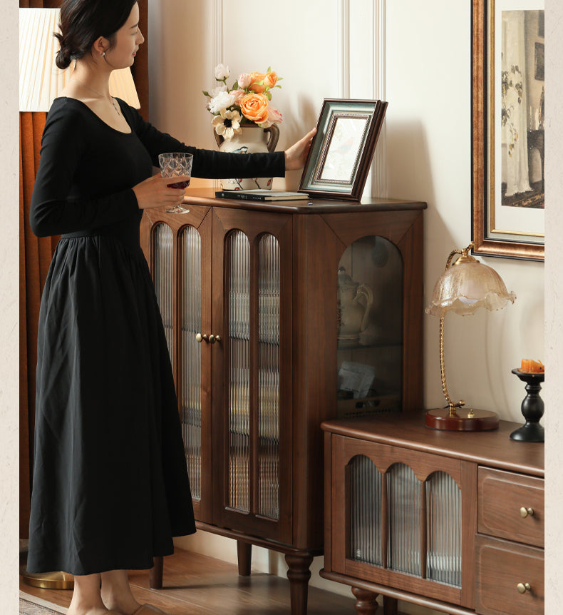 Vintage Black Walnut Solid Wood Side Cabinet - Handcrafted Retro Nightstand for Bedroom, Living Room & Office Storage