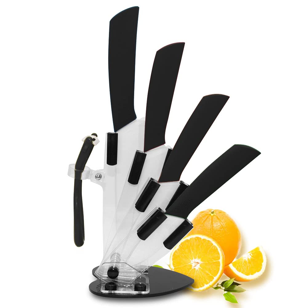 Premium 5-Piece Ceramic Knife Set with Block Stand - Ultra Sharp Black Kitchen Knives Including Chef, Utility, Vegetable & Bread Knives - Anti-Slip Ergonomic Handles for Safe Cutting - Perfect for Slicing Meat, Chopping Vegetables & Food Prep