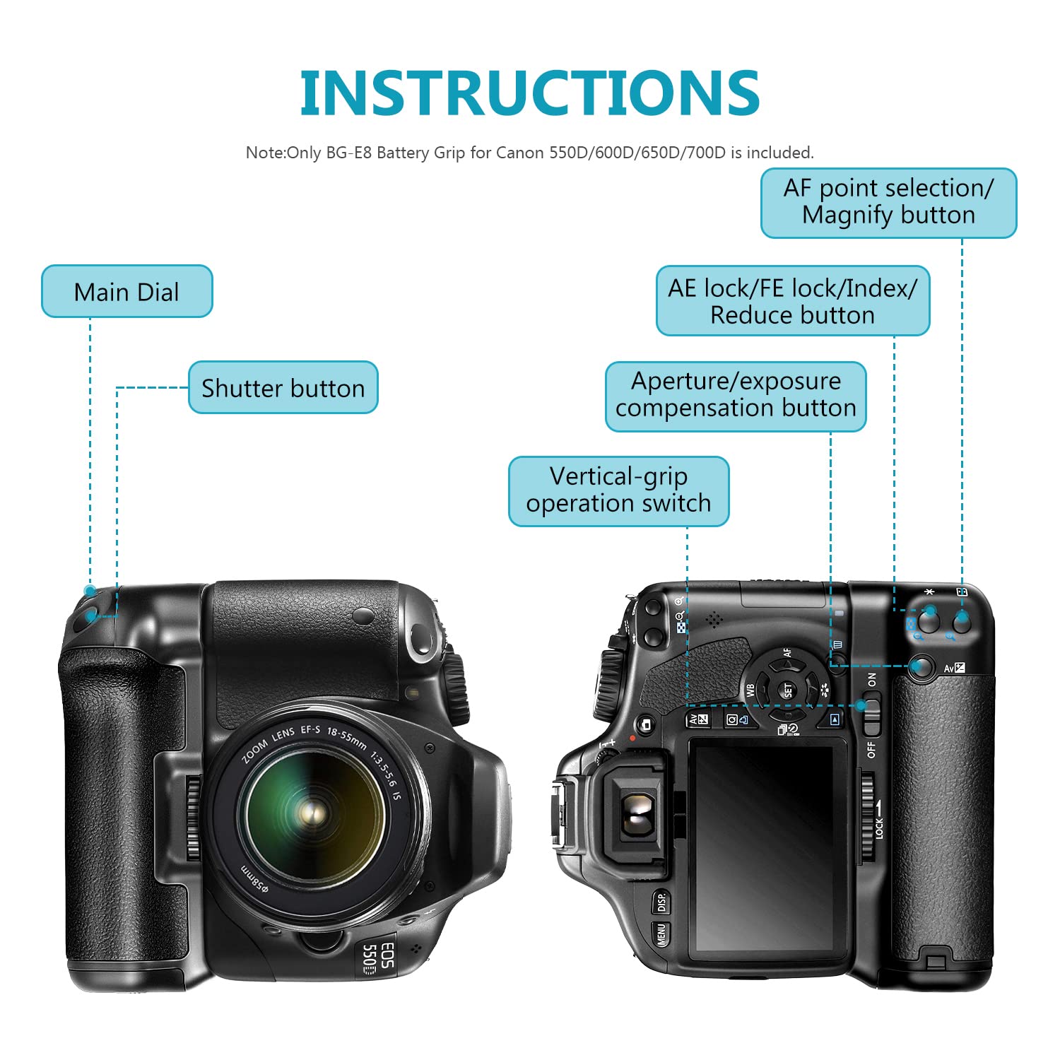 Neewer BG-E8 Battery Grip for Canon EOS 550D 600D 650D 700D / Rebel T2i T3i T4i T5i DSLR Cameras - Extended Power & Comfort for Photography, Travel & Professional Shoots