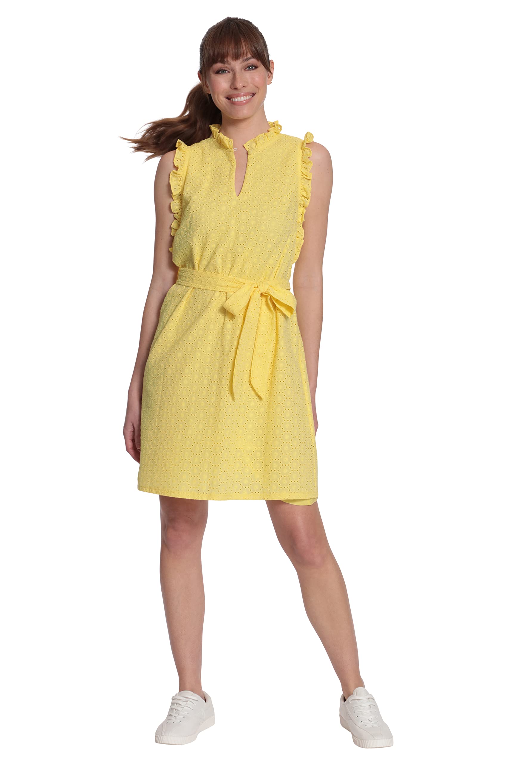 Maggy London Women's Ruffle Neck & Armhole Dress with Waist Tie - Elegant Flowy Midi Dress for Cocktail Parties, Weddings & Special Occasions