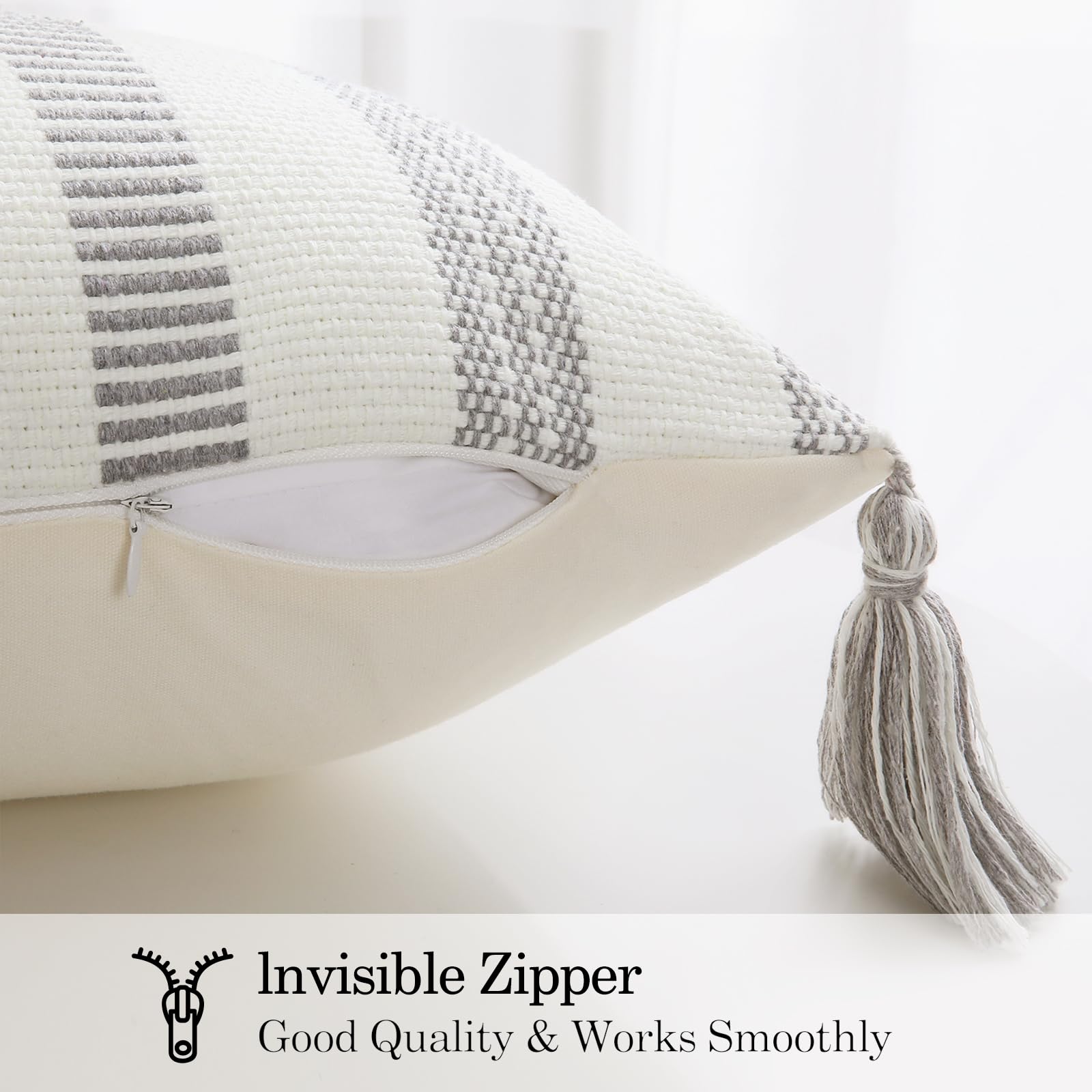 Smile Bee Spring Boho Outdoor Throw Pillow Covers Set of 2 - Decorative Woven Striped Cushion Covers with Tassels for Couch, Bed & Sofa (20x20 Inch, Grey & Cream White) - Perfect for Living Room, Patio & Boho Home Decor