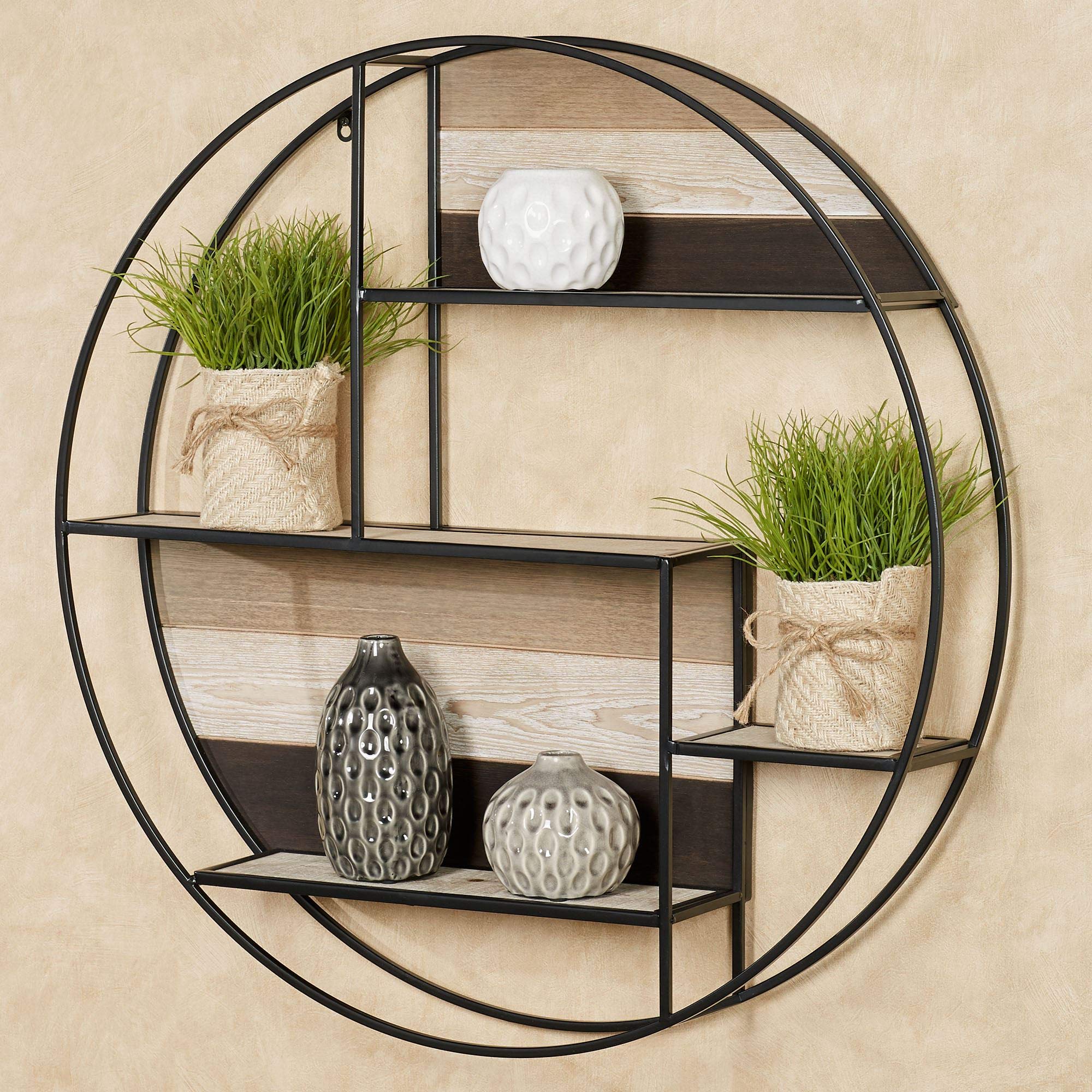 Touch of Class Delray Urban Floating Circle Wall Shelf - Black Metal Frame - Decorative Wooden Shelf for Bedroom & Living Room - Modern Round Openwork Display - Perfect for Displaying Books, Plants & Home Decor