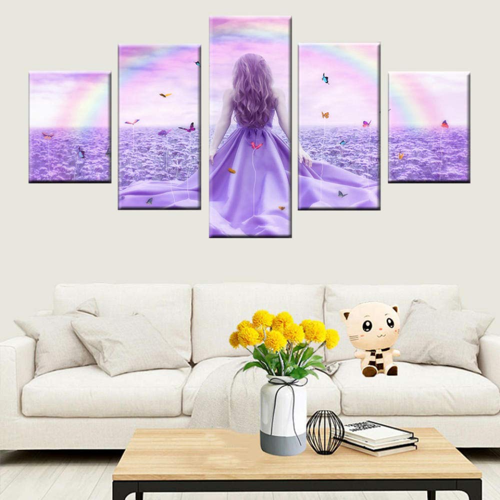 5-Piece Canvas Wall Art - Rainbow Butterfly Girl & Lavender Flower Painting Set, Purple Floral Poster for Home Decor | Perfect for Living Room, Bedroom & Office Wall Decoration