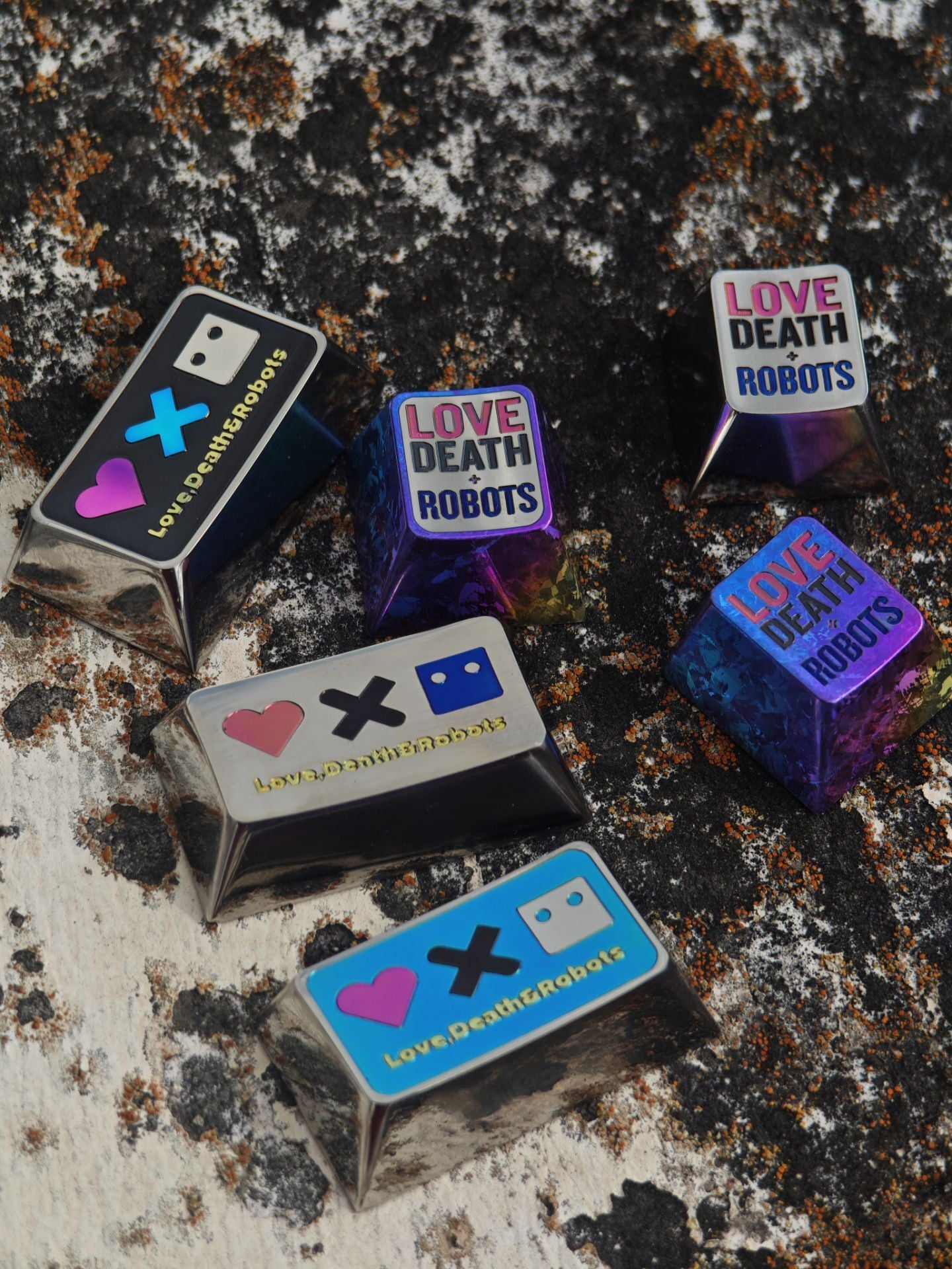 Love, Death & Robots Themed 1.75U/1U Titanium Alloy Engraved Keycaps - Custom Mechanical Keyboard Artisan Keycaps for Gaming & Typing Enthusiasts - Perfect for PC Builds, Gift Giving & Keyboard Customization