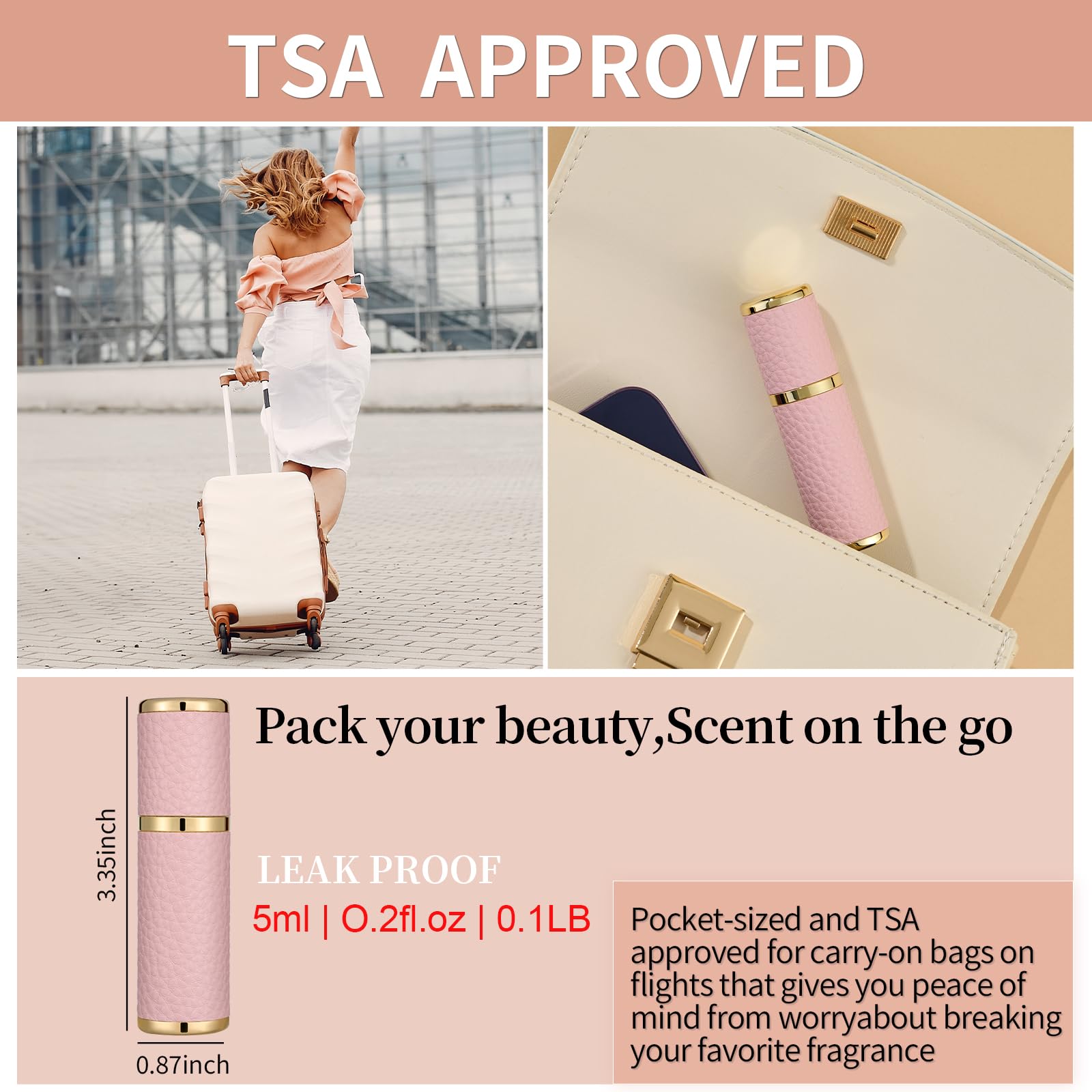 Portable 5ml Refillable Perfume Bottle - Leather Travel Atomizer with Fine Mist Sprayer, Funnel & Diffuser Tool for Women & Men (Pink) | Perfect for Travel, Gym, Office & Everyday Fragrance Refresh