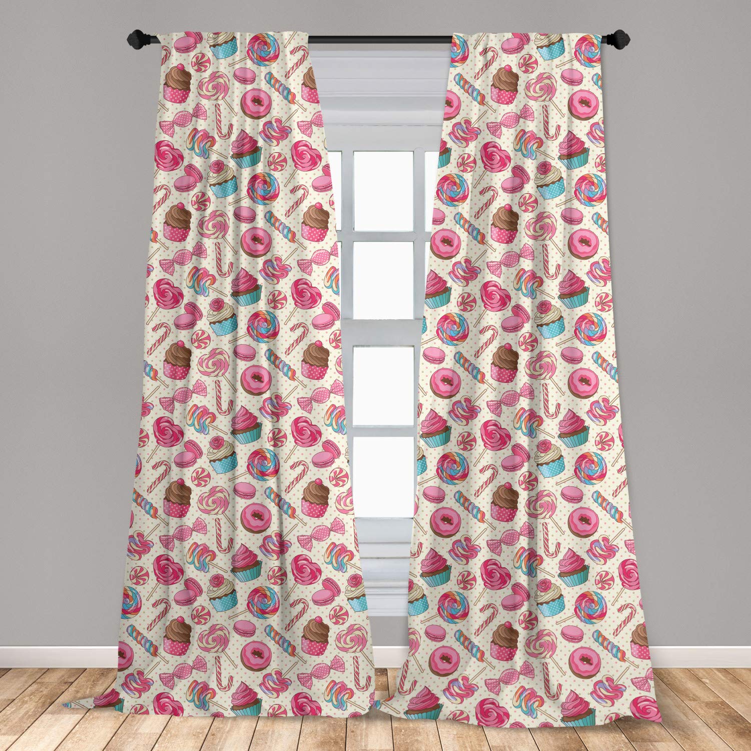 Ambesonne Candy Cane Window Curtains - Sweet Lollipop, Macaron, Cupcake & Donut Print on Polka Dot Pattern - Lightweight 2-Panel Set with Rod Pocket (28