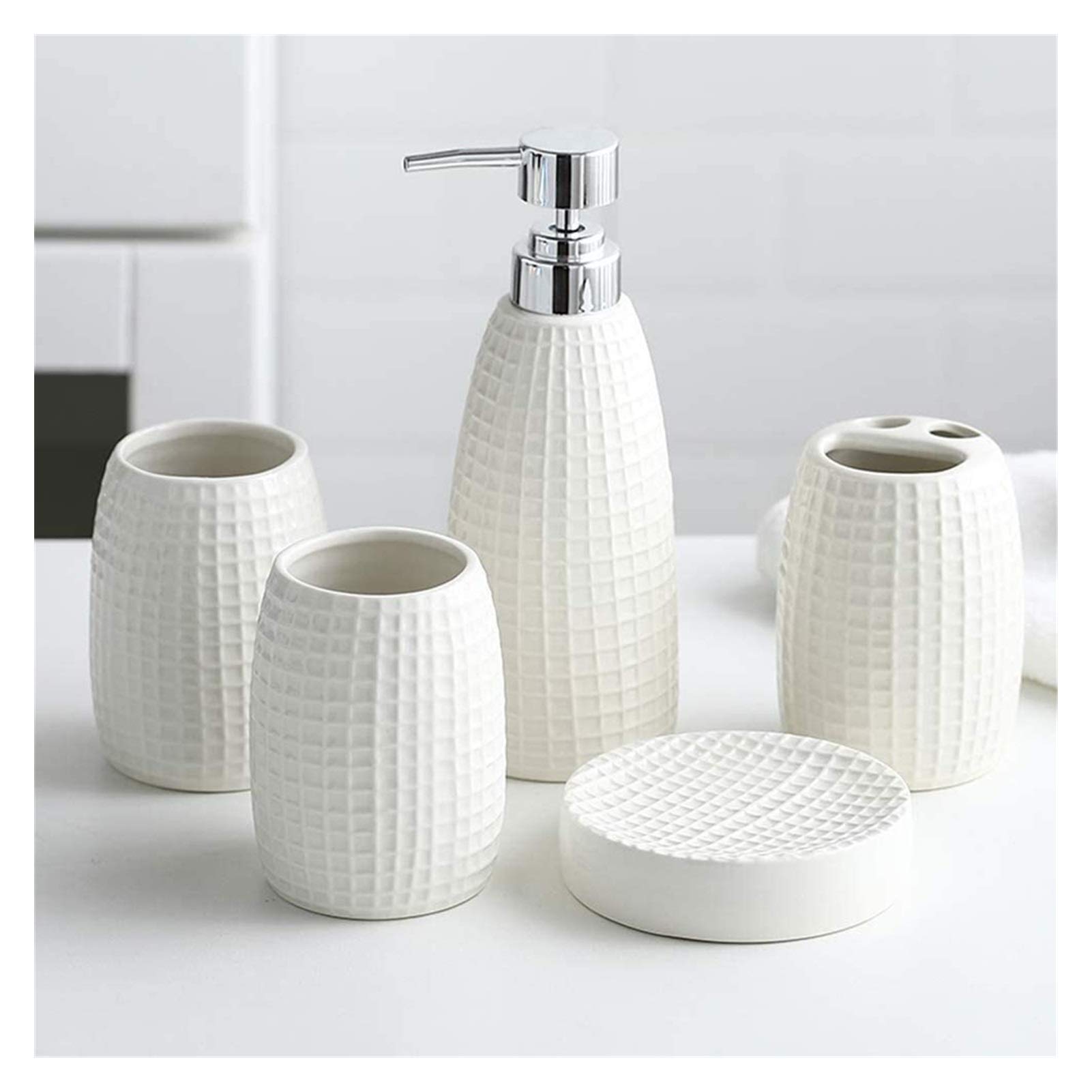 MUWIZ Ceramic Soap Dispenser Set - 5 Piece Minimalist Bathroom Accessories with Hand Sanitizer Dispenser | Nordic Style Home Decor for Bathroom, Kitchen & Guest Room