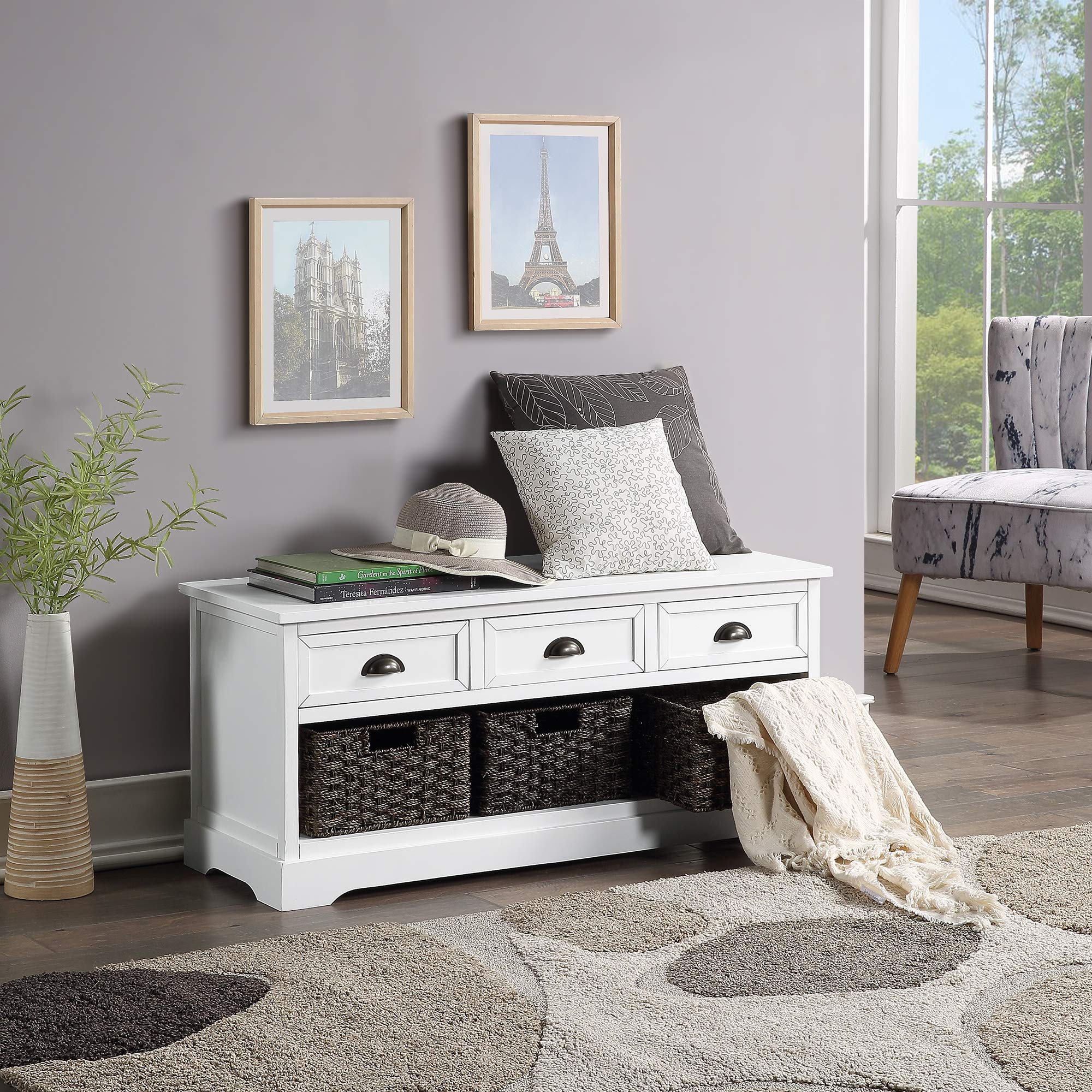 Wicker Storage Bench with 3 Drawers & Baskets - Entryway Shoe Bench for Hallway, Bedroom & Living Room