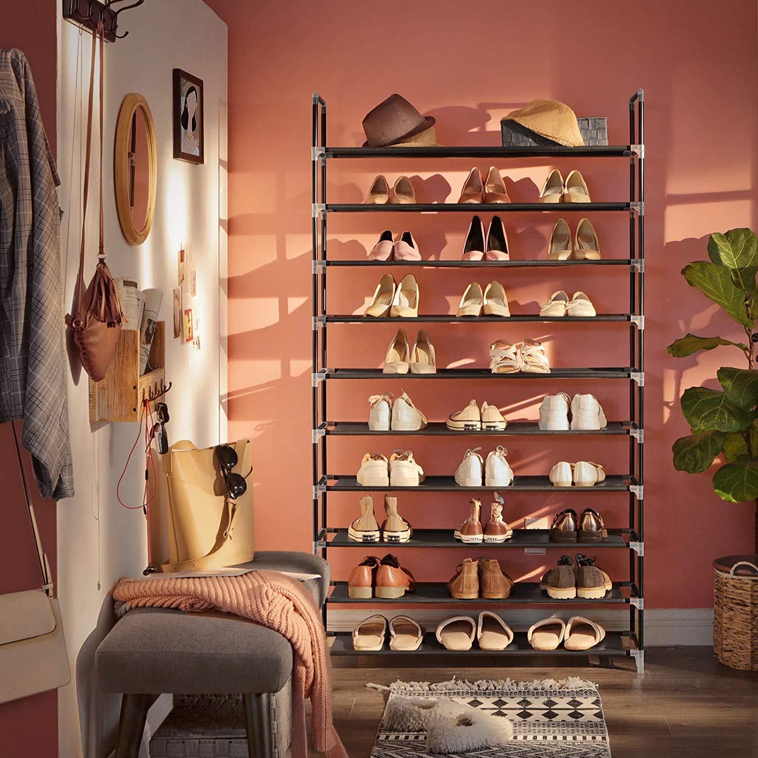 10-Tier Large Shoe Rack Organizer - Holds 50 Pairs of Shoes, Space-Saving Non-Woven Closet Storage for Sneakers, Boots & Heels - Perfect for Bedroom, Entryway & Dorm Organization (Black)