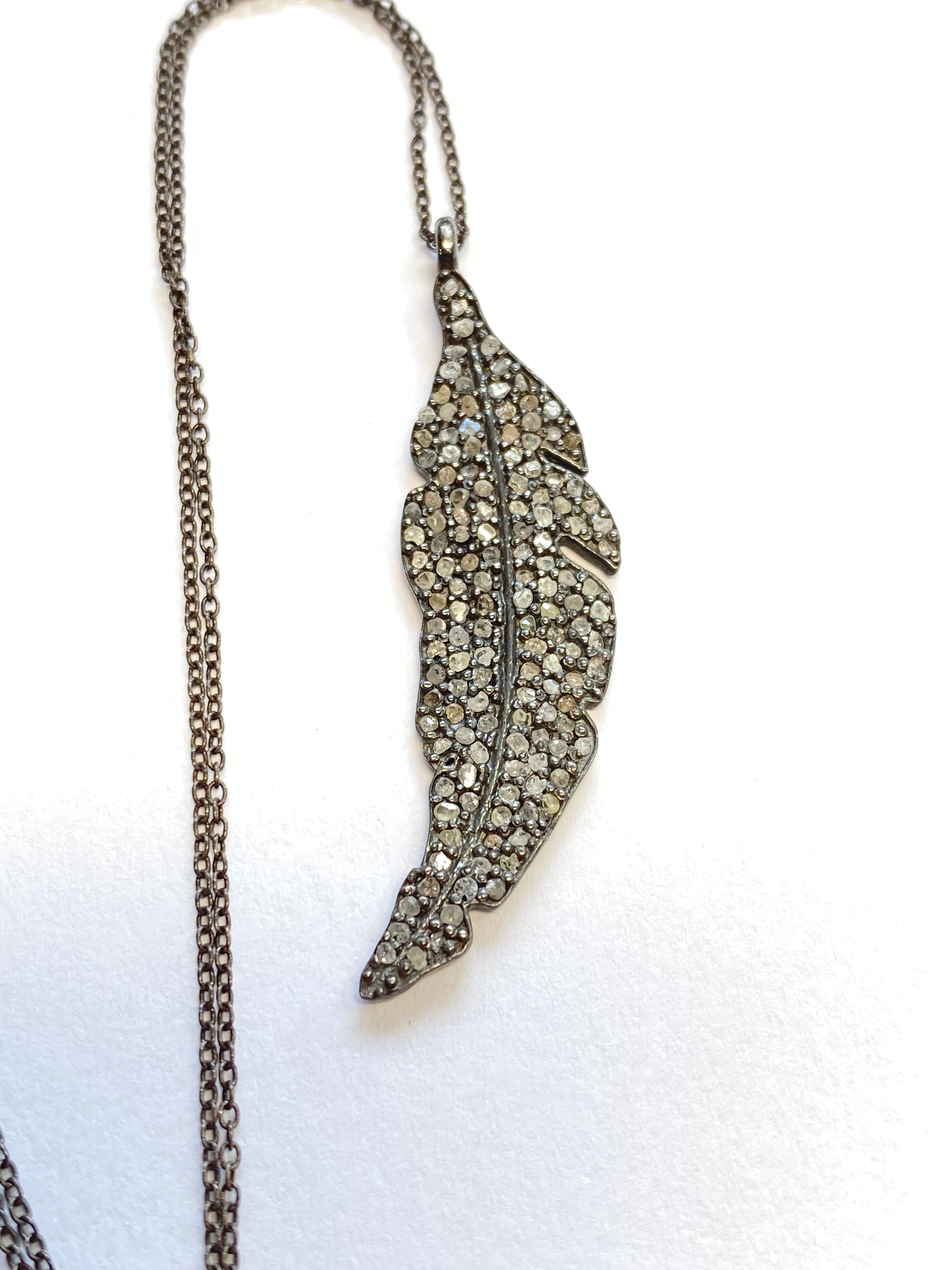 Pave Diamond Feather Pendant Necklace - 925 Sterling Silver with Oxidized Finish | Elegant Jewelry Gift for Women, Perfect for Weddings, Anniversaries & Special Occasions